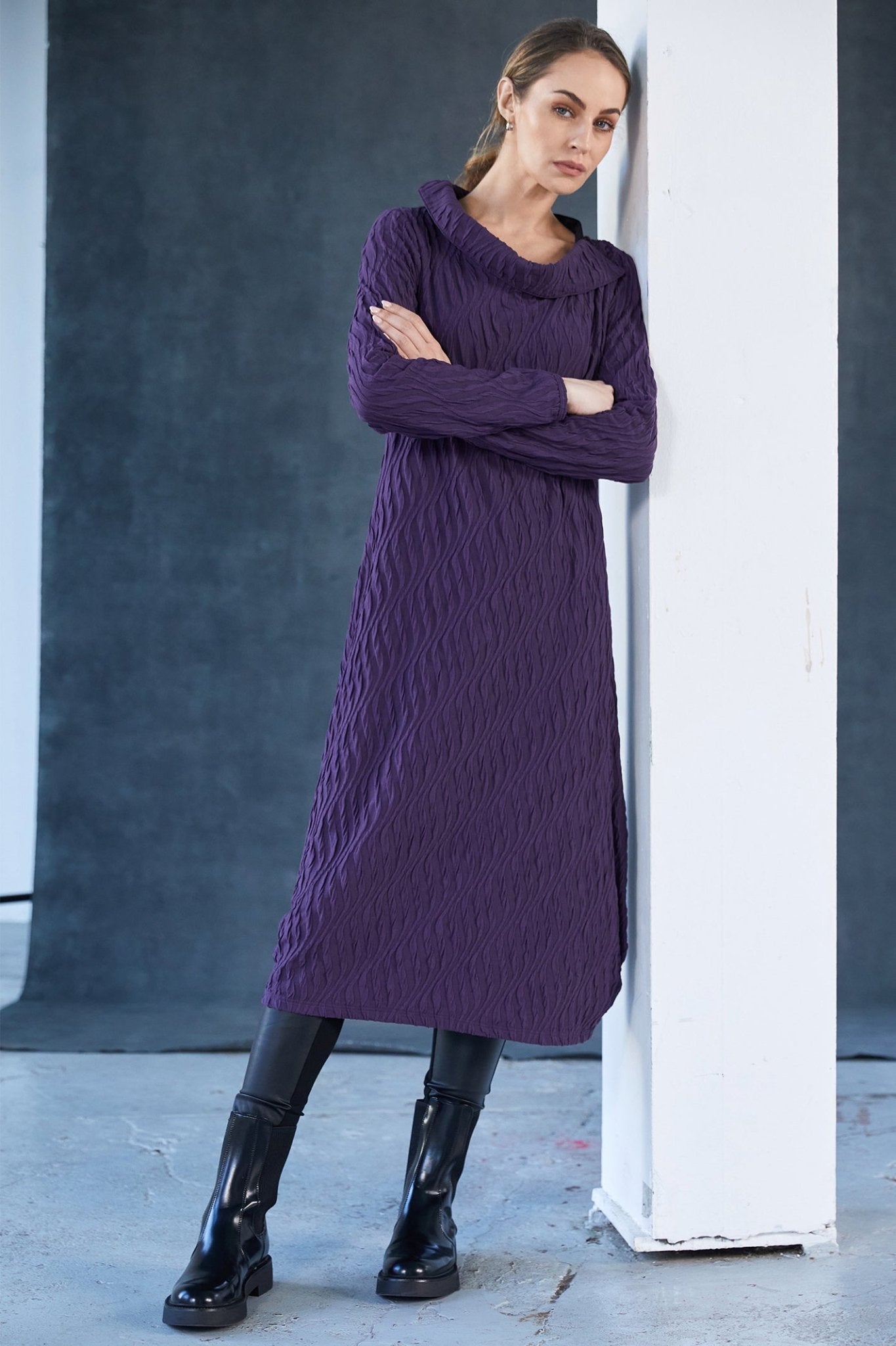Naya NAW25231 Purple Embossed Knit Dress with Cut Away Collar – Colour 41 - Dotique - Naya
