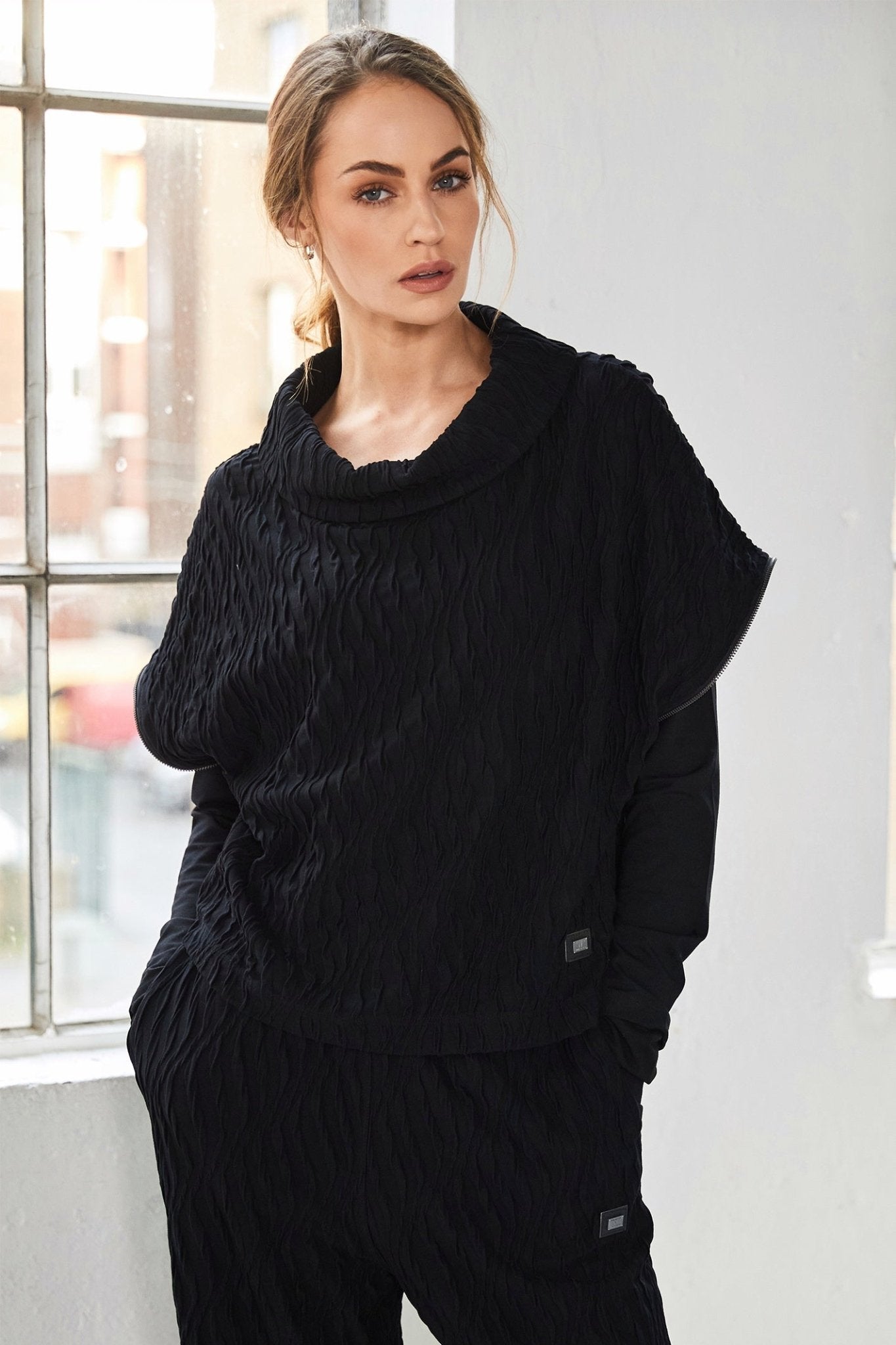 Naya NAW25232 Embossed Knit Top with Collar and Zip Detail on Side Seam – Black 09 - Dotique - Naya
