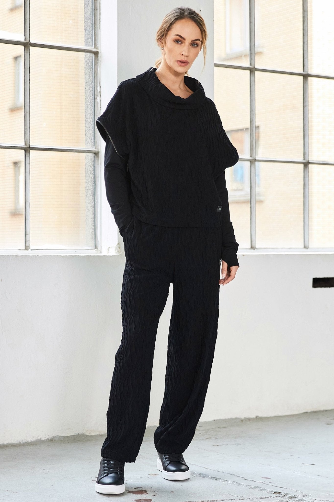 Naya NAW25232 Embossed Knit Top with Collar and Zip Detail on Side Seam – Black 09 - Dotique - Naya