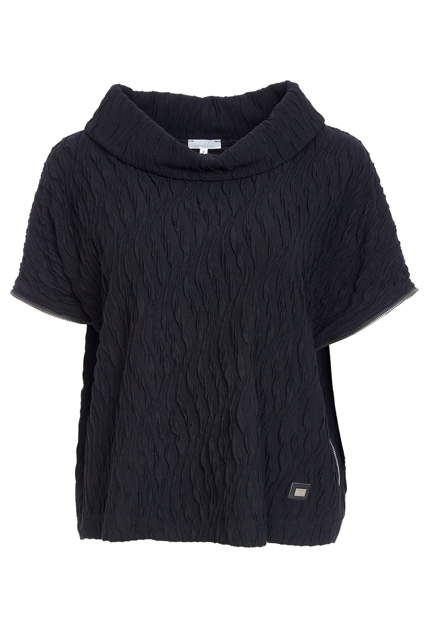 Naya NAW25232 Embossed Knit Top with Collar and Zip Detail on Side Seam – Black 09 - Dotique - Naya