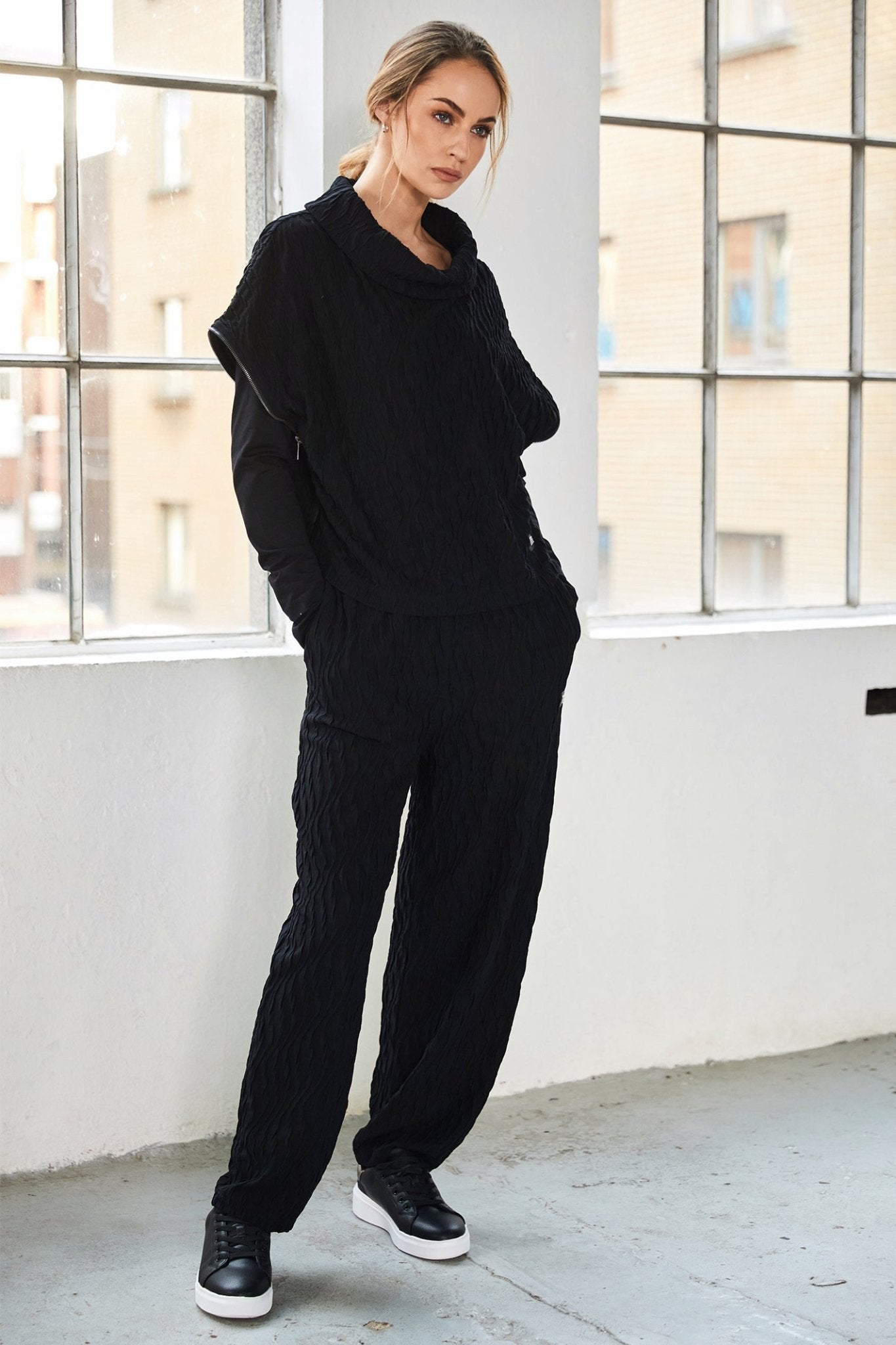 Naya NAW25232 Embossed Knit Top with Collar and Zip Detail on Side Seam – Black 09 - Dotique - Naya