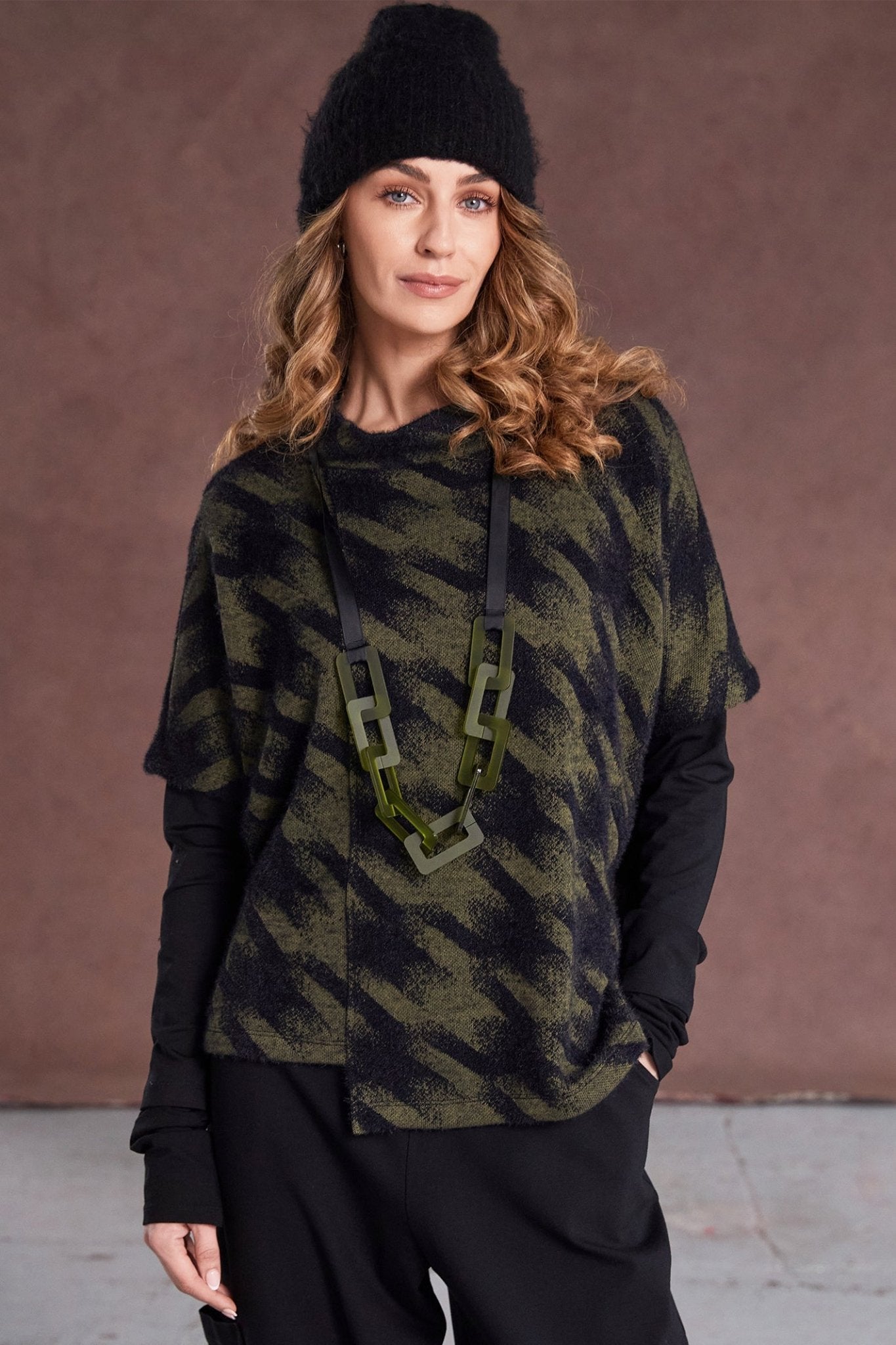 Naya NAW25244 Moss Green Houndstooth Knit High Neck Top - Dotique - Naya