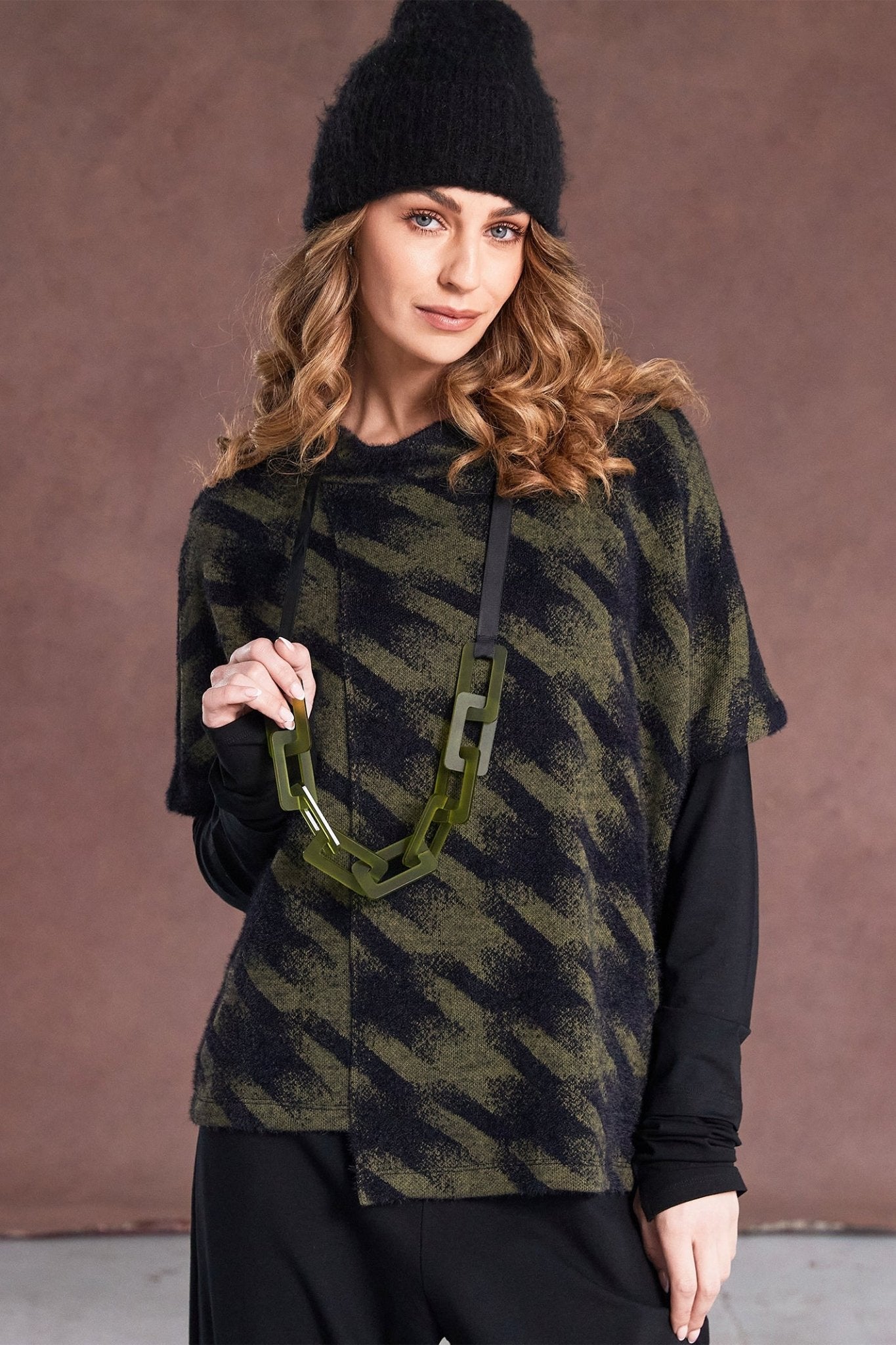 Naya NAW25244 Moss Green Houndstooth Knit High Neck Top - Dotique - Naya
