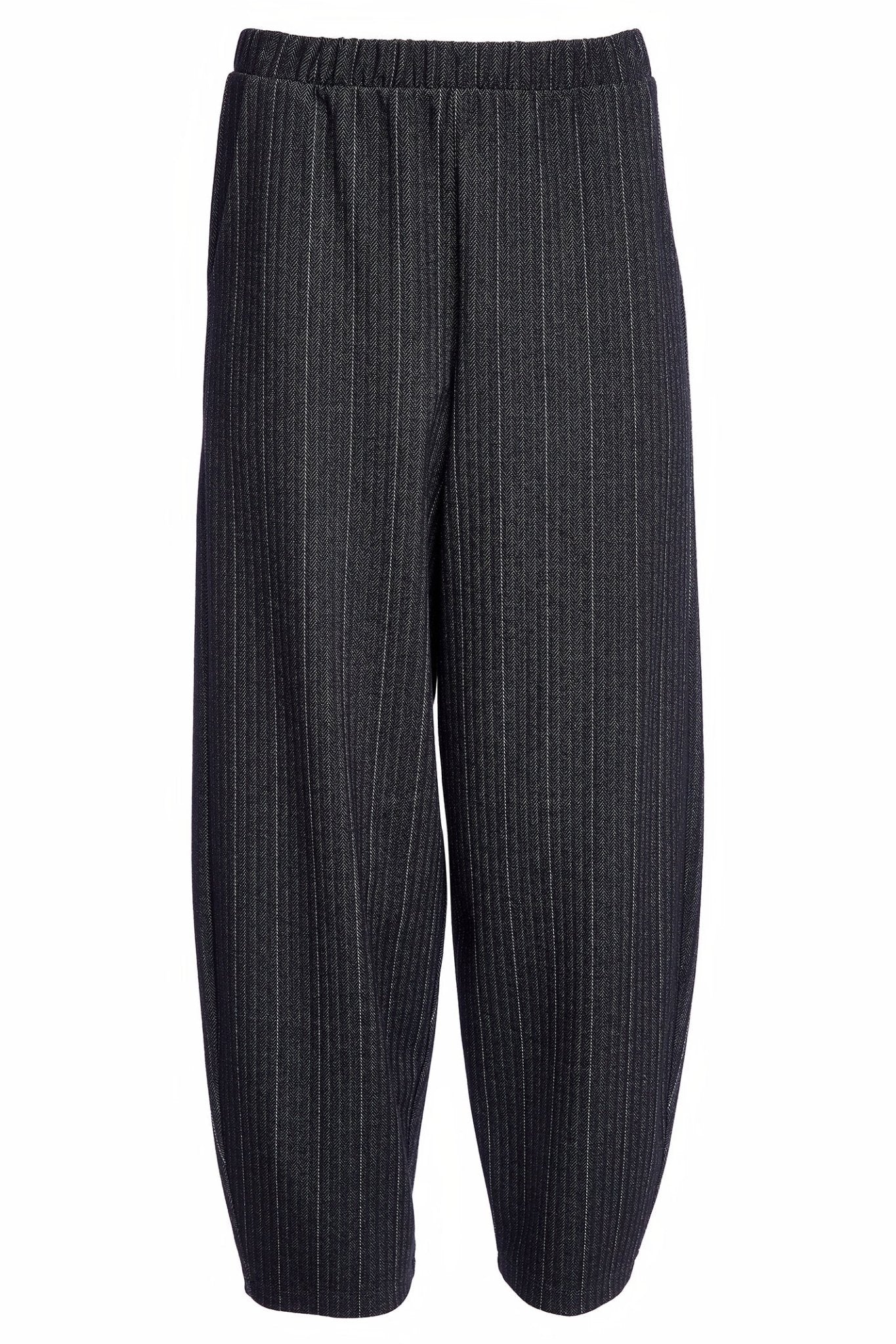 Dark gray pinstripe pants on a white background