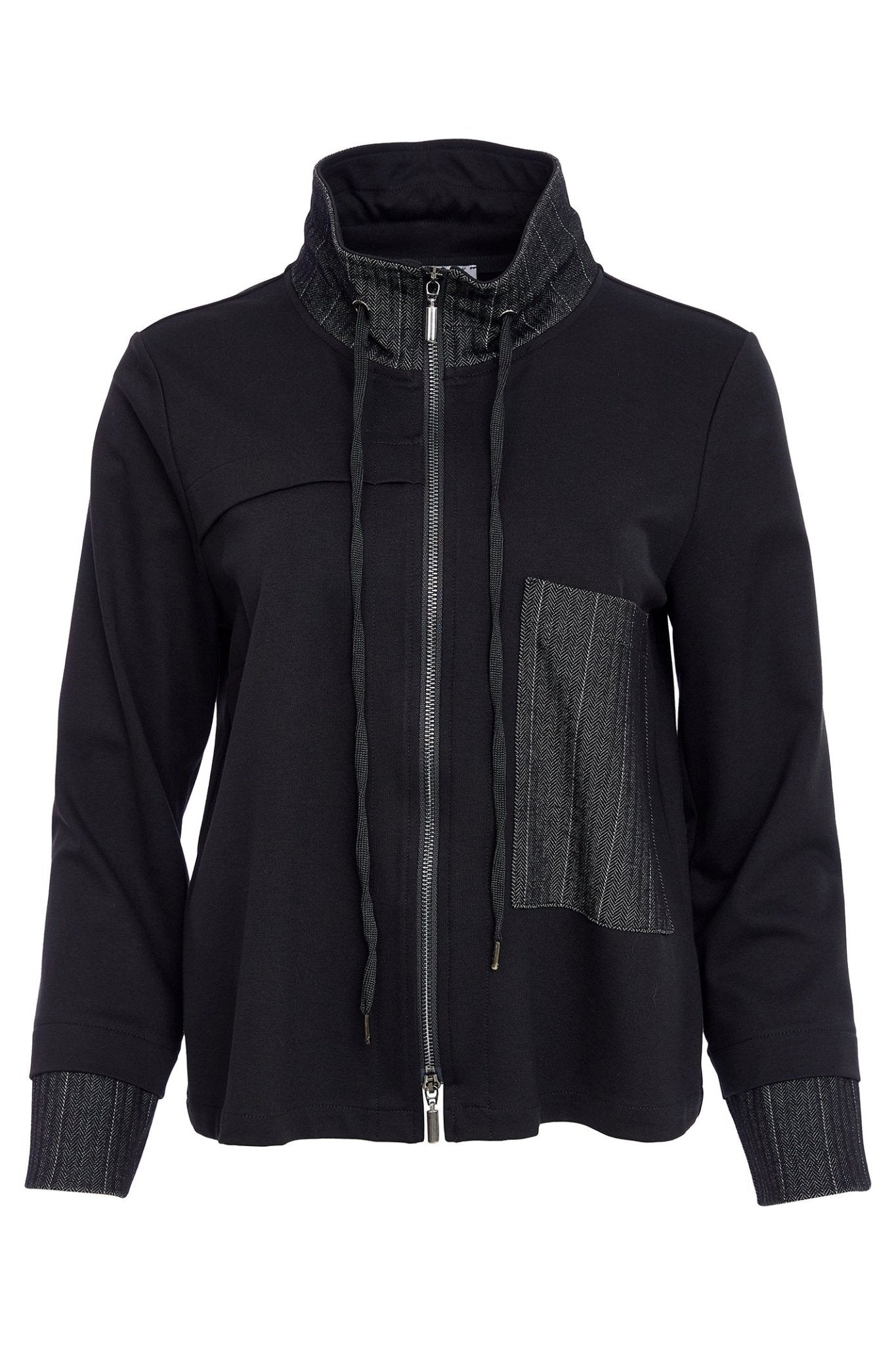Black jacket with denim accents on a white background