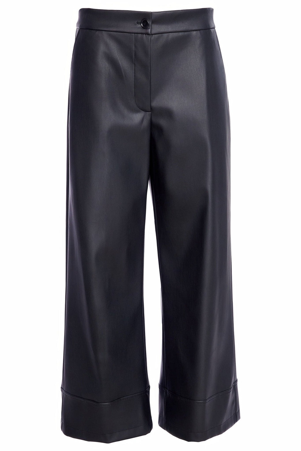 Black faux leather wide-leg pants on a white background