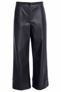 Black faux leather wide-leg pants on a white background