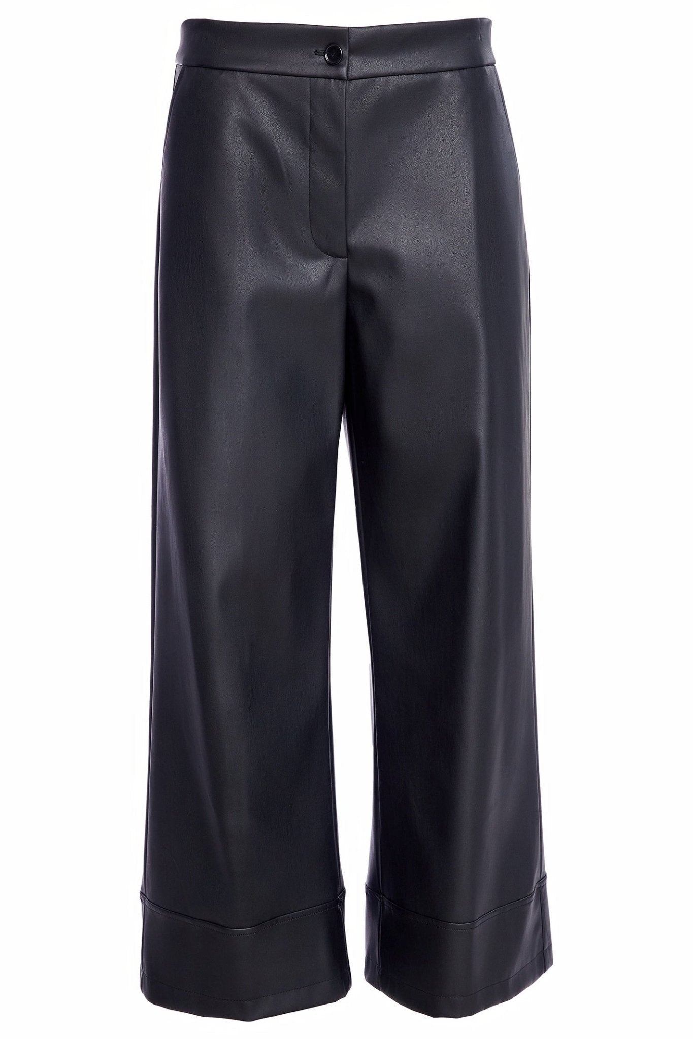 Black faux leather wide-leg pants on a white background