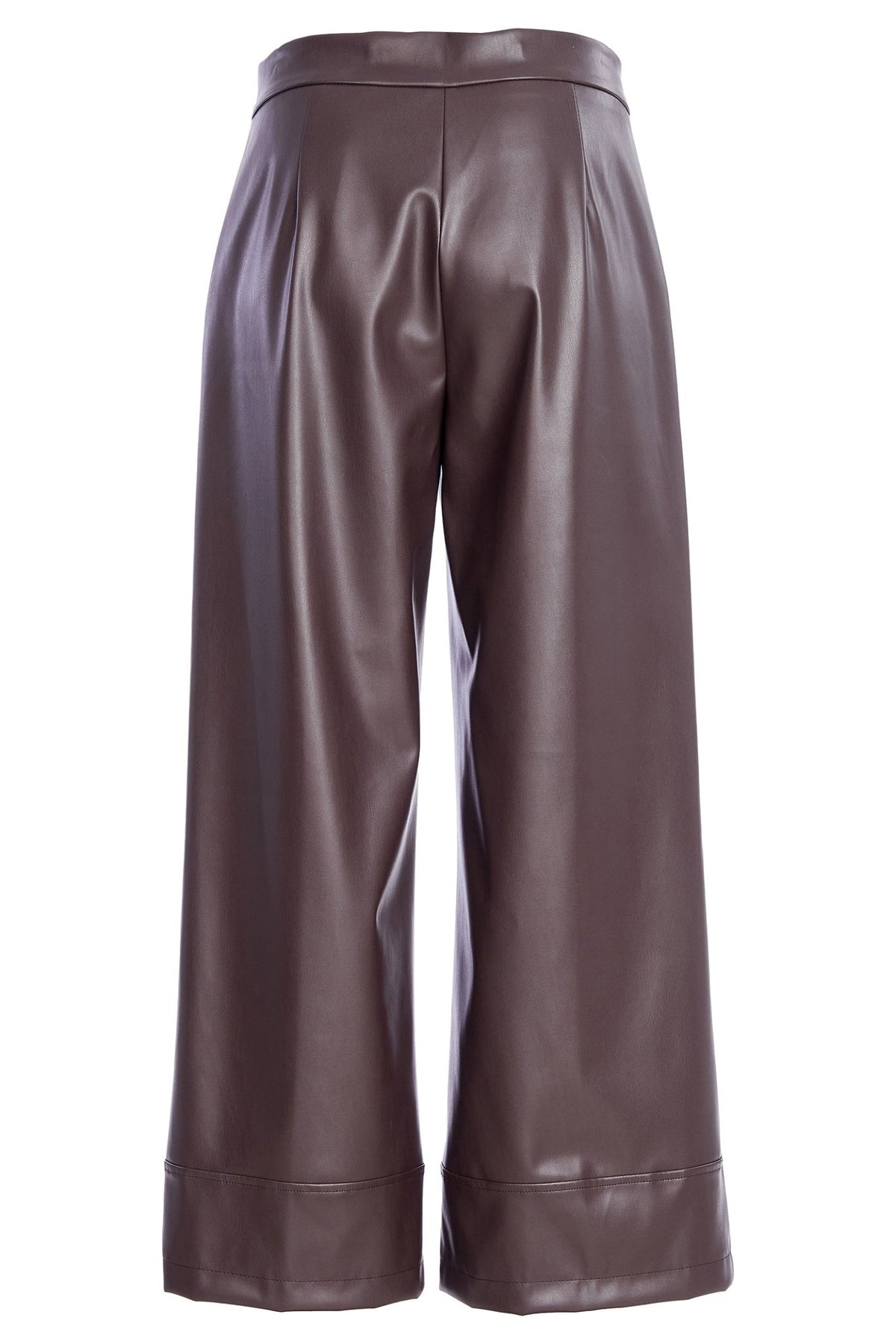 Brown faux leather pants on a white background