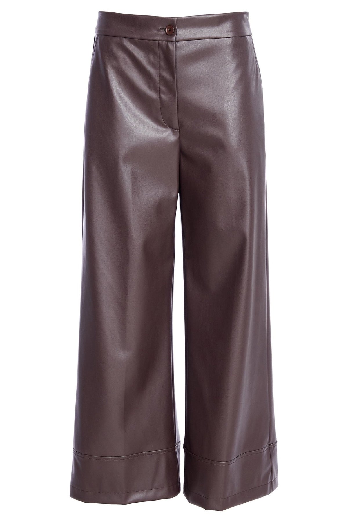 Brown faux leather pants on a white background