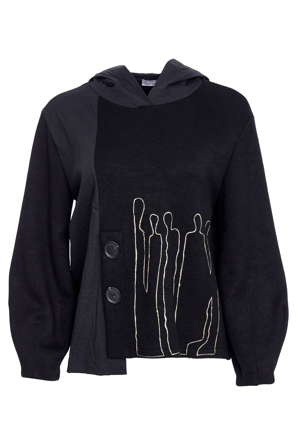 Black hoodie with white abstract design on a white background