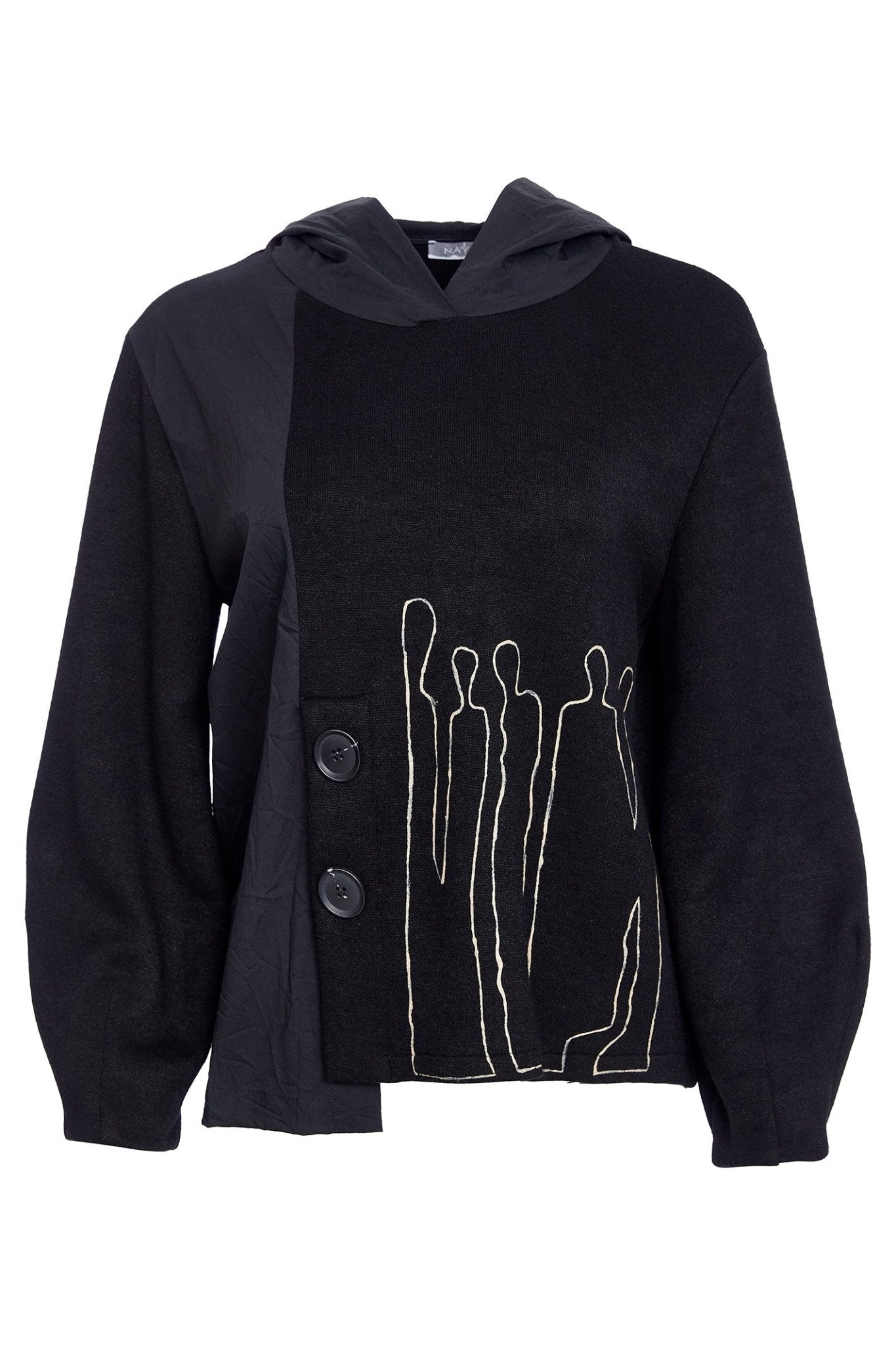 Black hoodie with white abstract design on a white background
