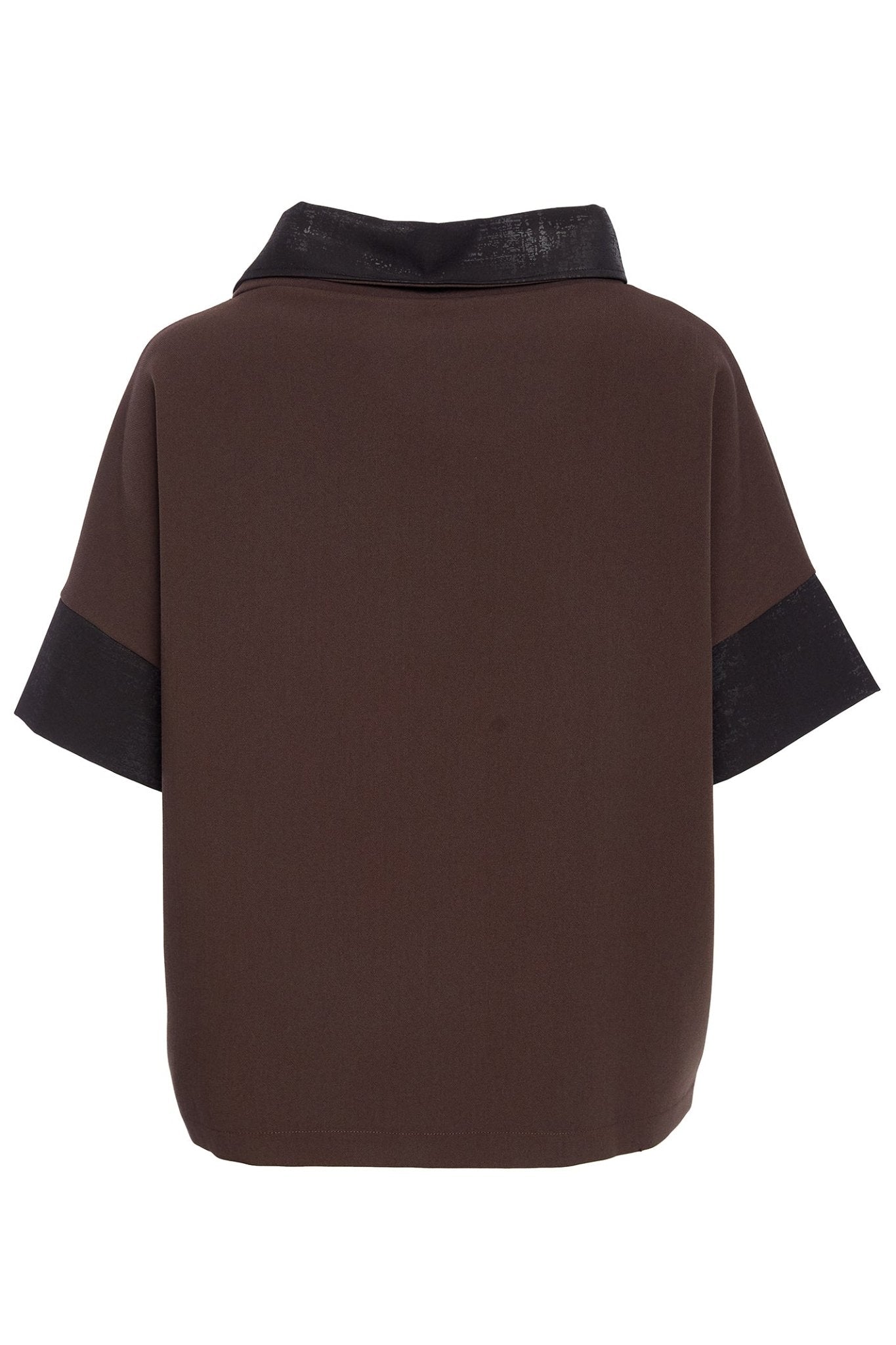 Brown blouse with black accents on a white background