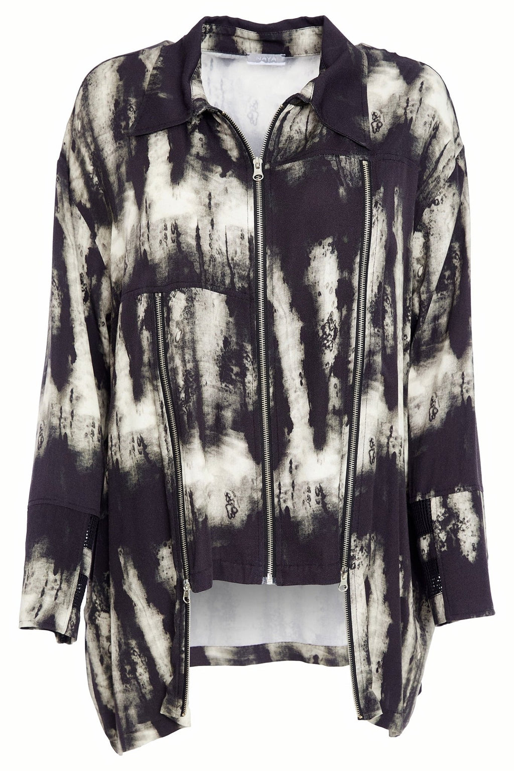 Naya NAW25288 Black Butter Print Shirt With Uneven Hem And Zip Trims - Dotique - Naya