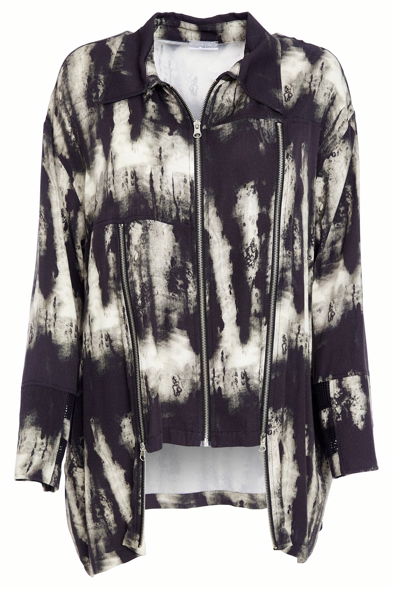 Naya NAW25288 Black Butter Print Shirt With Uneven Hem And Zip Trims - Dotique - Naya