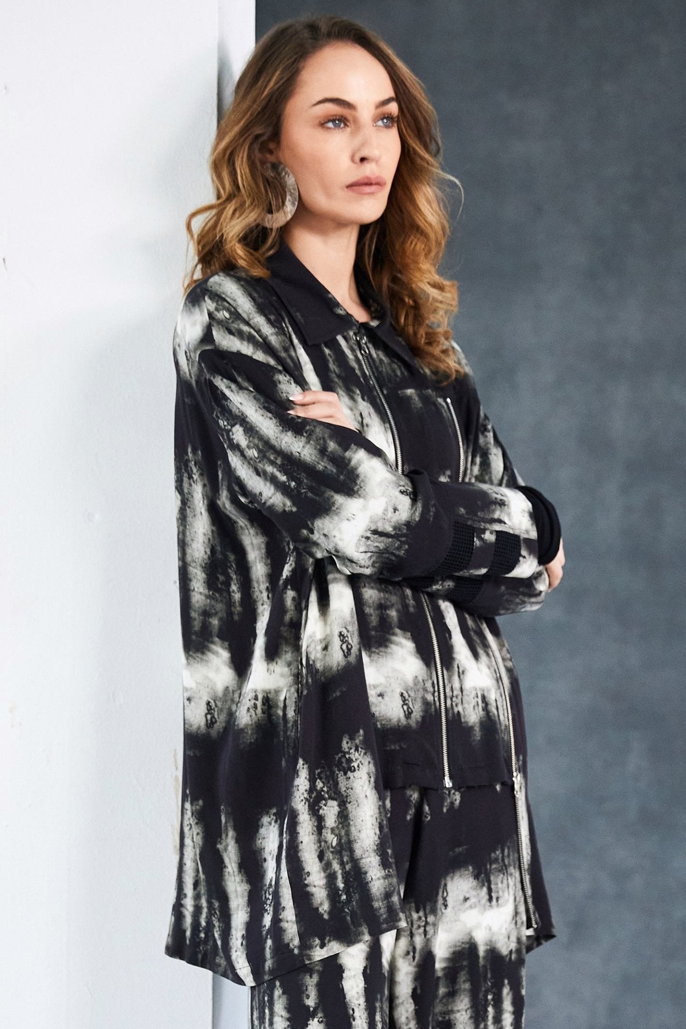 Naya NAW25288 Black Butter Print Shirt With Uneven Hem And Zip Trims - Dotique - Naya
