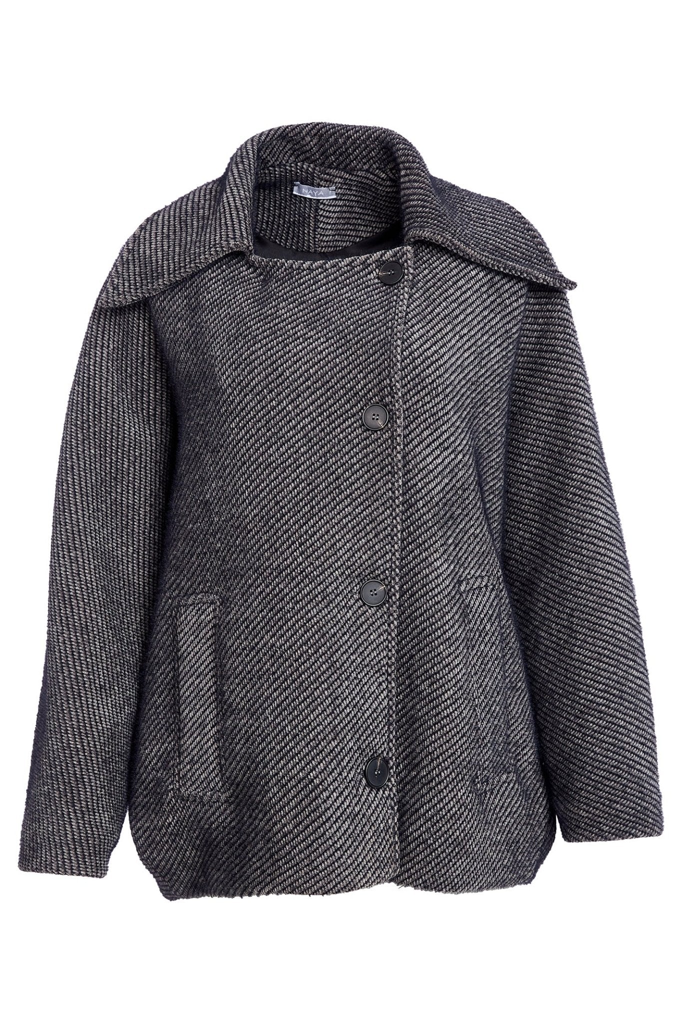 Naya NAW25298 Wool Mix Batwing Sleeve Jacket with Collar and Button Closing – Carbon Grey 86 - Dotique - Naya