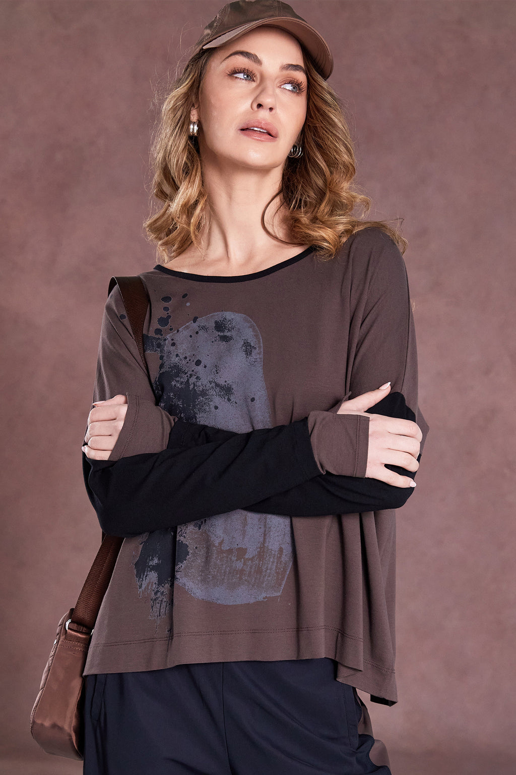 Naya NAW25308 Cocoa Black Placement Print Top with Contrast Binding and Sleeves