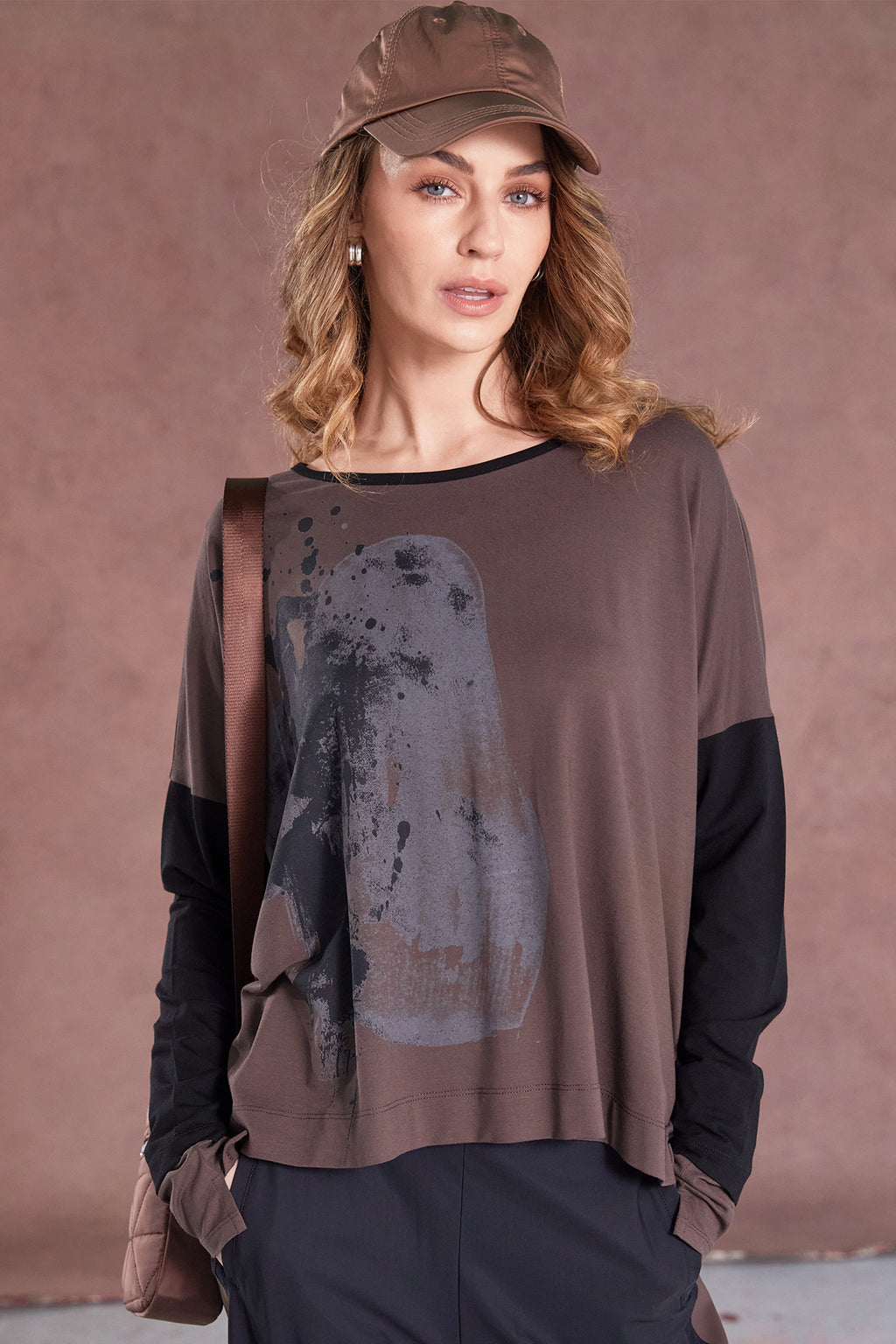 Naya NAW25308 Cocoa Black Placement Print Top with Contrast Binding and Sleeves