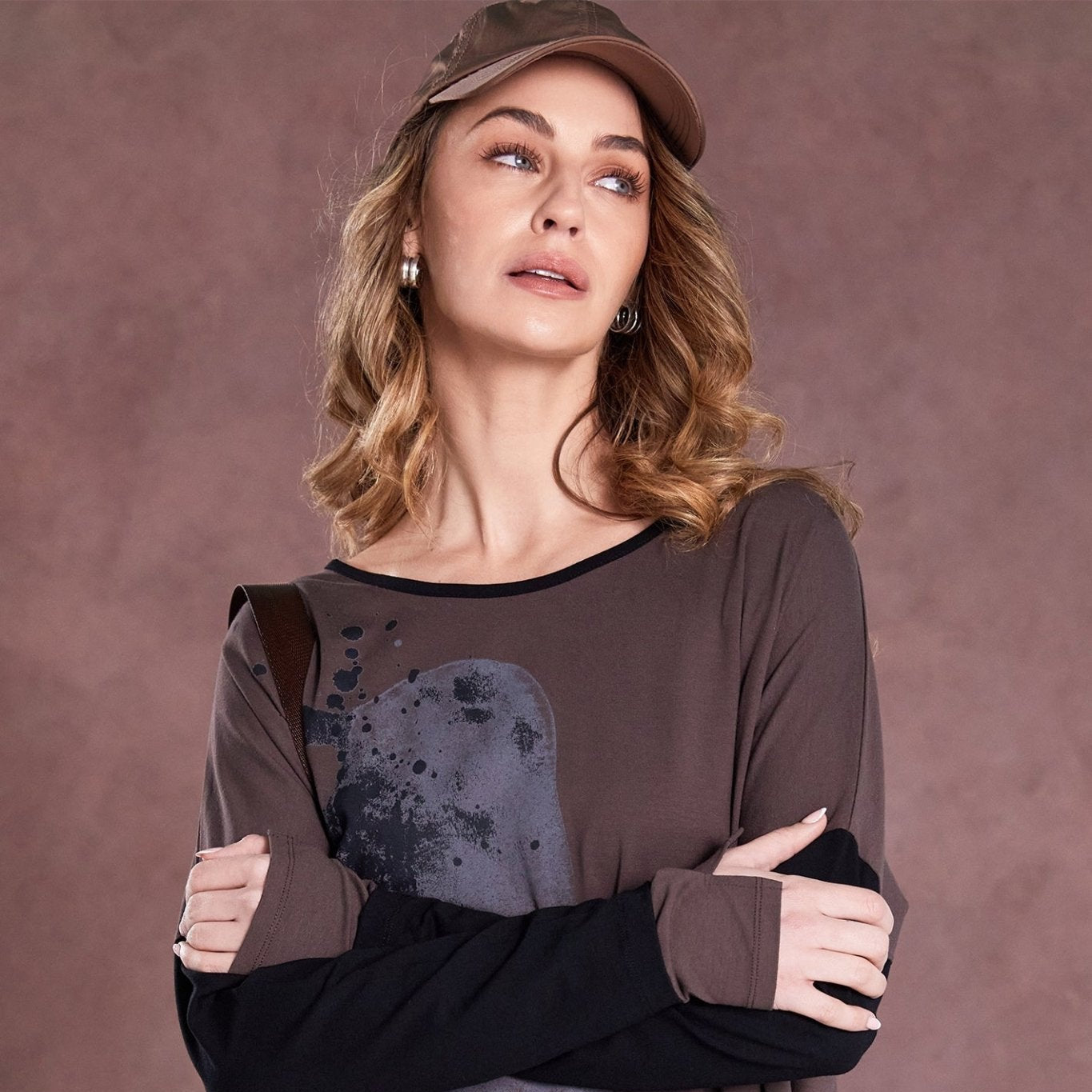 Naya NAW25308 Cocoa Black Placement Print Top with Contrast Binding and Sleeves - Dotique - Naya