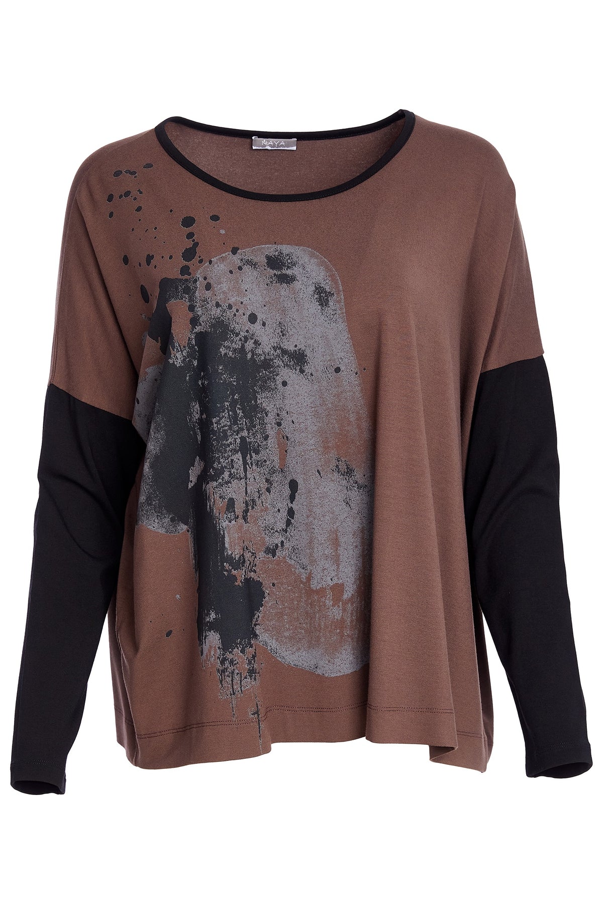 Naya NAW25308 Cocoa Black Placement Print Top with Contrast Binding and Sleeves