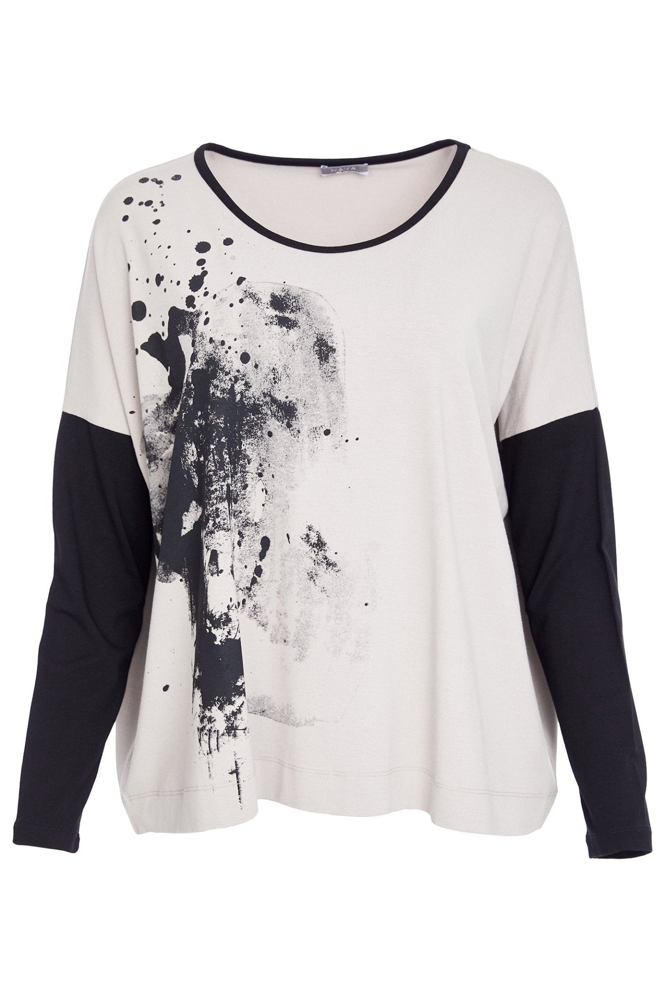Naya NAW25308 Taupe Black Placement Print Top With Contrast Binding and Sleeves - Dotique - Naya