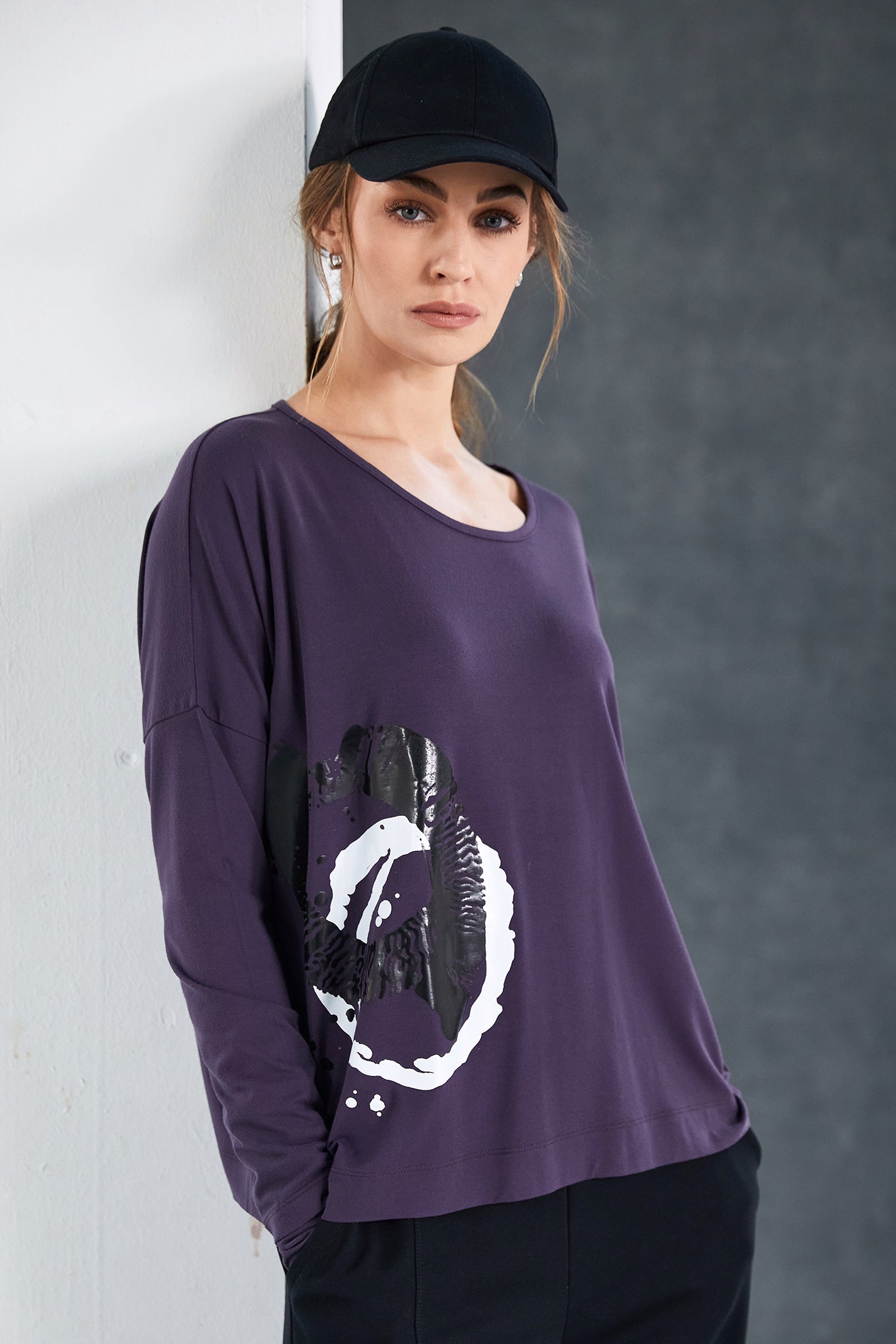 Naya NAW25309 Mulberry Placement Circle Print Round Neck Top