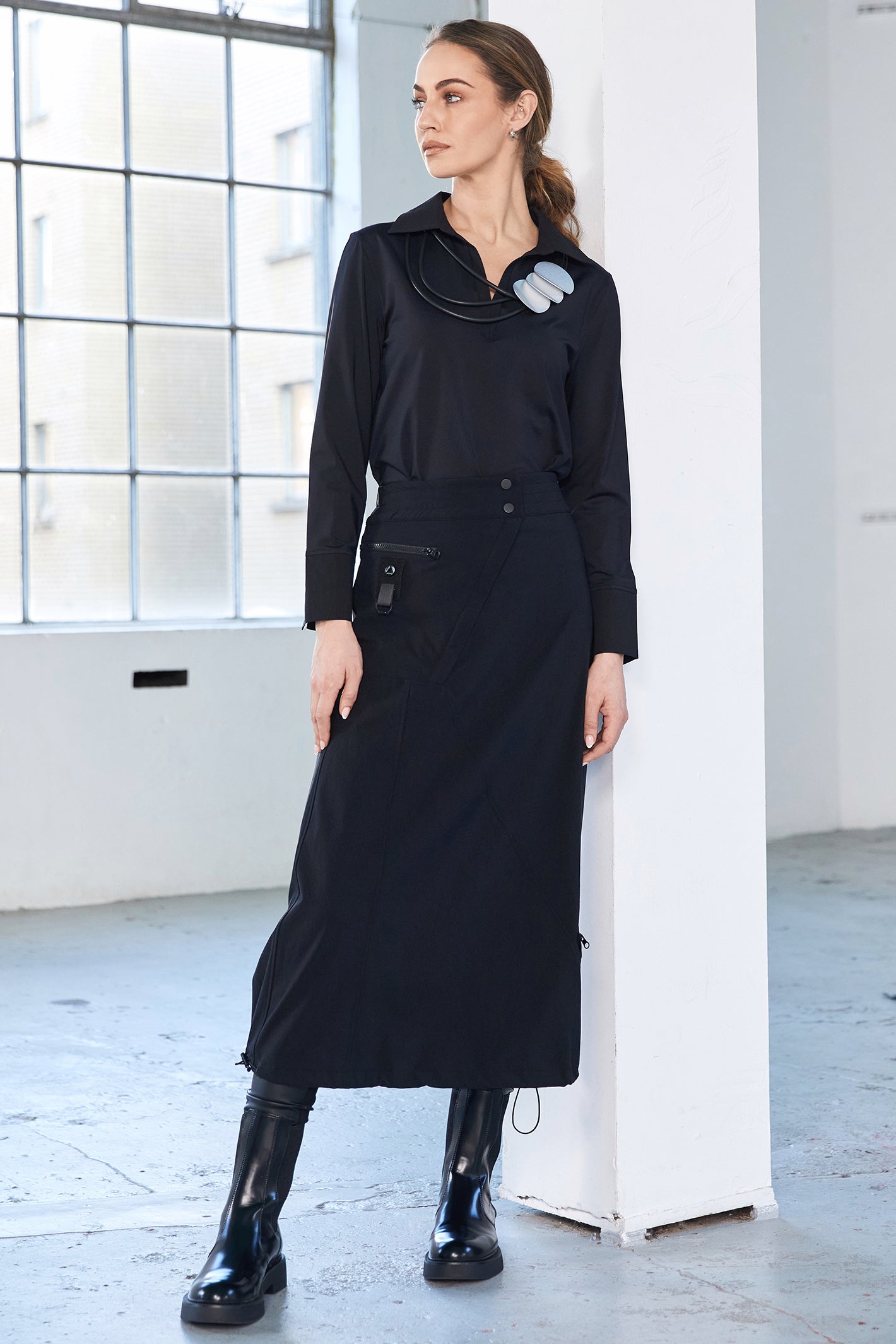 Naya NAW25345 Black Panelled Skirt with Stud at Waist and Zip Details – Colour 09
