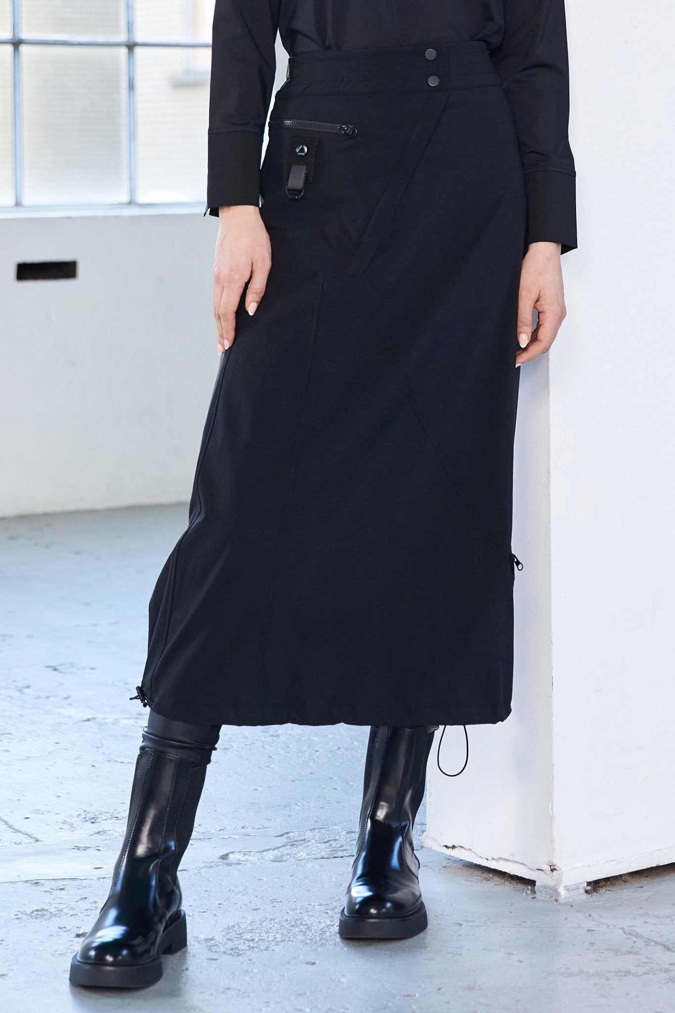 Naya NAW25345 Black Panelled Skirt with Stud at Waist and Zip