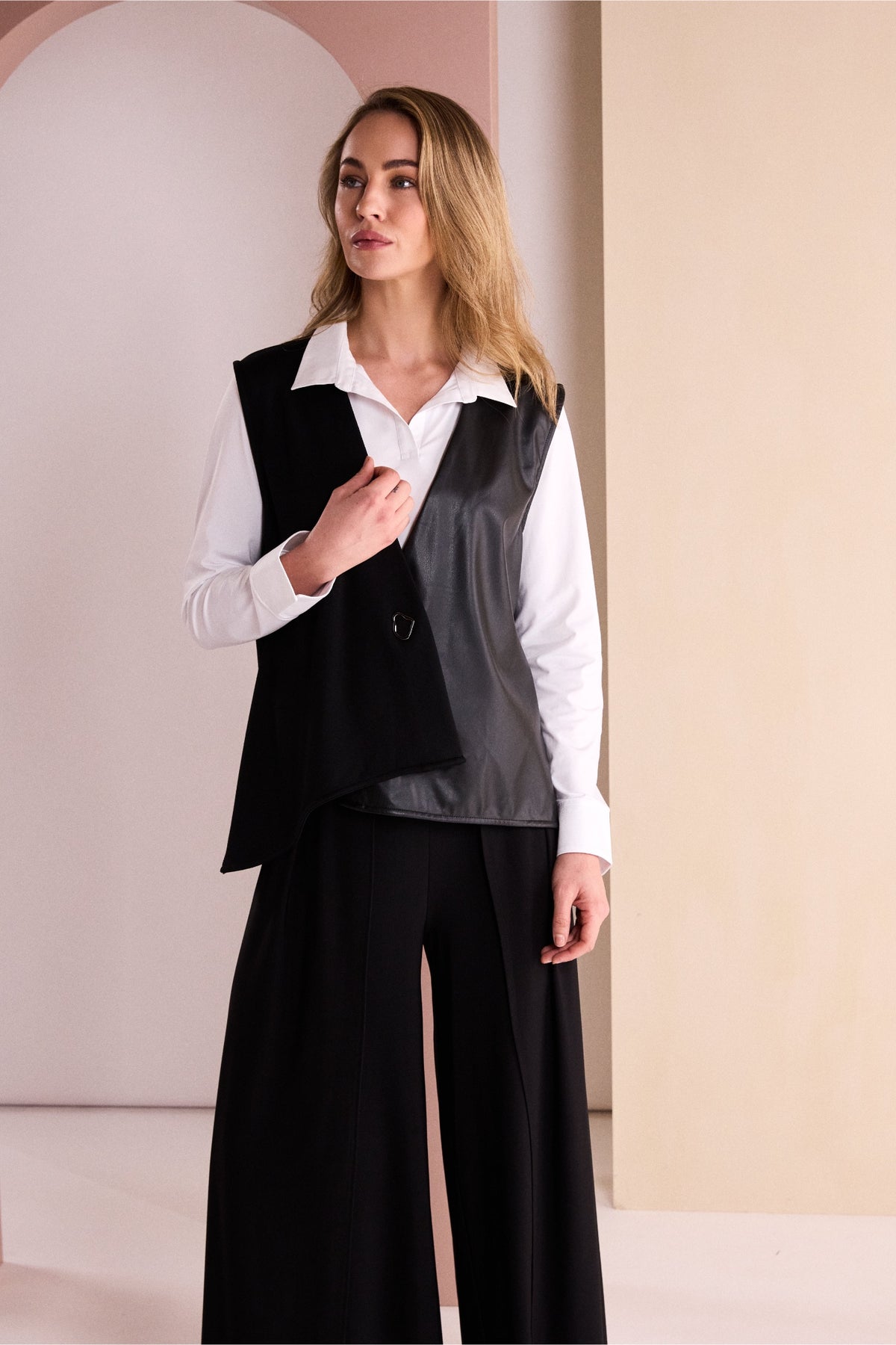 Naya NAW26107 White Jersey Top With Cotton Collar Cuff And Hem Panel Shop Naya at Dotique