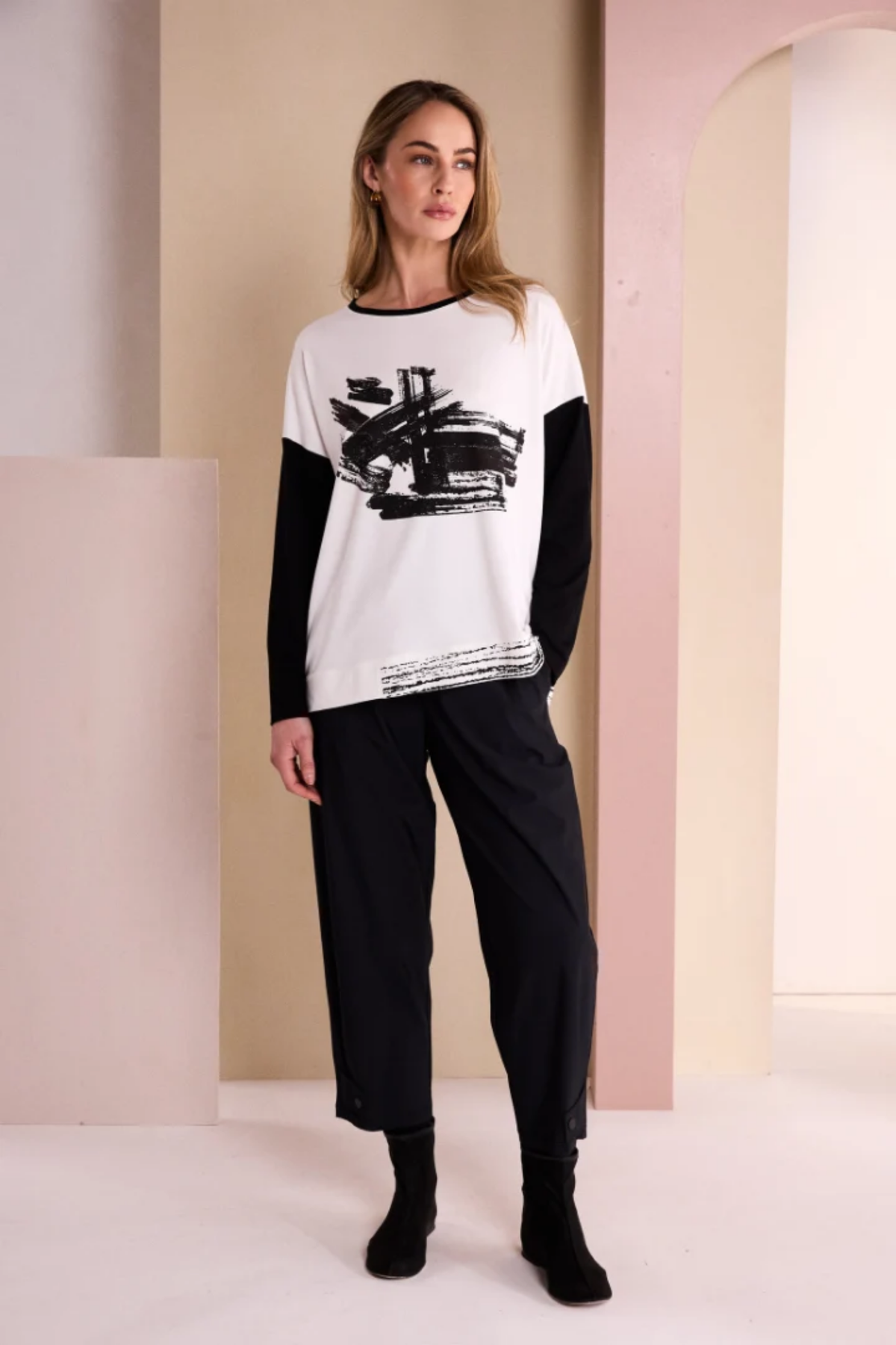 Naya NAW26116 Black Drawstring Trouser With Tab At Hem worn by model Shop Naya at Dotique