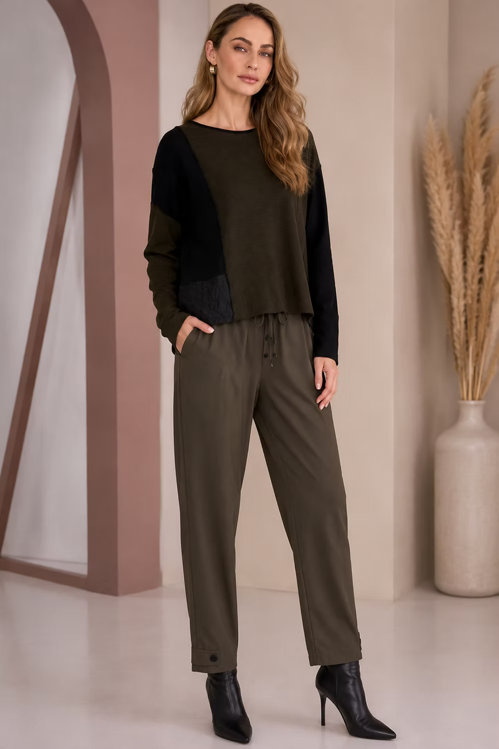 Naya NAW26116 Thyme Green Drawstring Trouser With Tab At Hem
