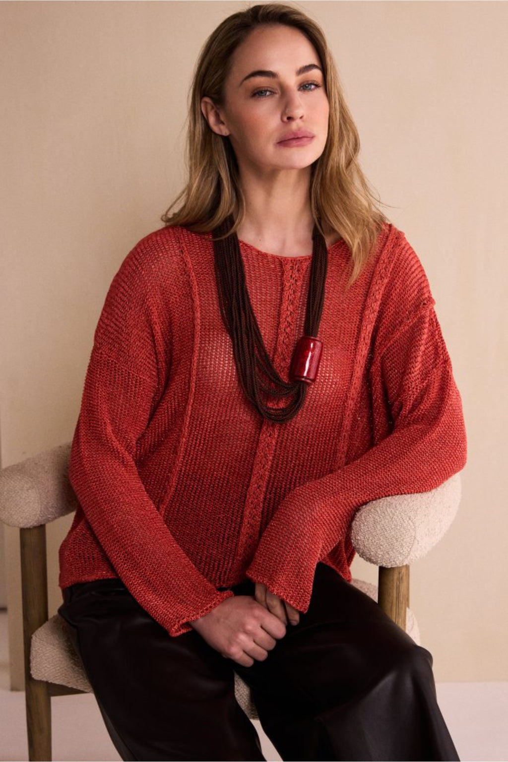 Naya NAW26120 Round Neck Knit with Cut Away Hem Tigerlily red knit Shop Naya at Dotique