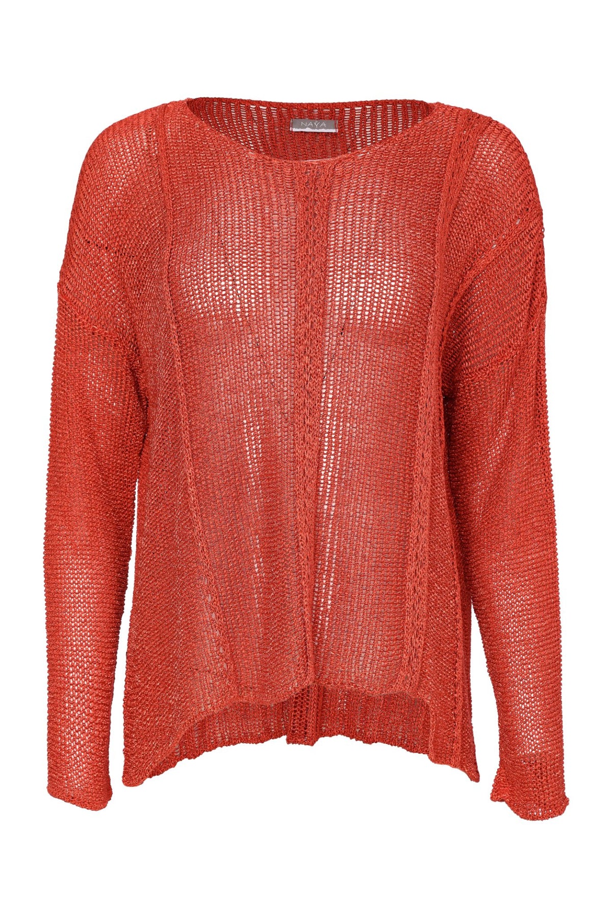 Naya NAW26120 Round Neck Knit with Cut Away Hem Tigerlily red knit sweater Shop Naya at Dotique