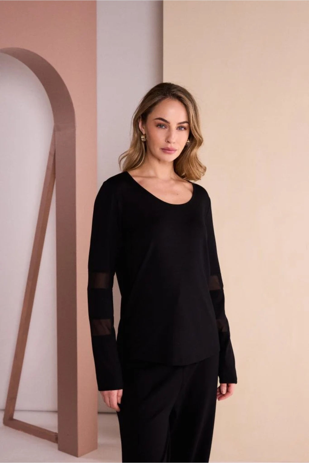 Naya NAW26139 Jersey Top with Mesh Insets To Sleeve Black. Shop Naya at Dotique.