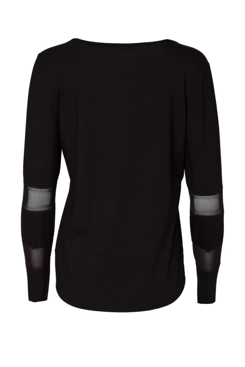 Shop the NAYA Black Mesh Insert Sleeve Jersey Top NAW26139 at Dotique. Stretch jersey with a scoop neckline and sheer mesh sleeve detailing.