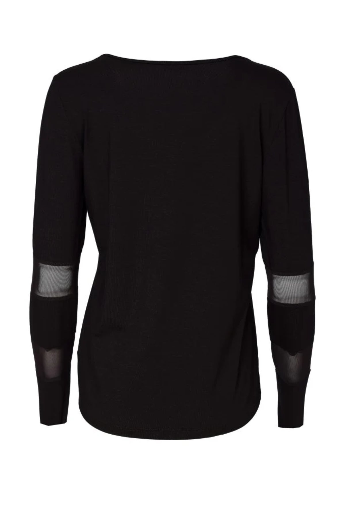 Shop the NAYA Black Mesh Insert Sleeve Jersey Top NAW26139 at Dotique. Stretch jersey with a scoop neckline and sheer mesh sleeve detailing.