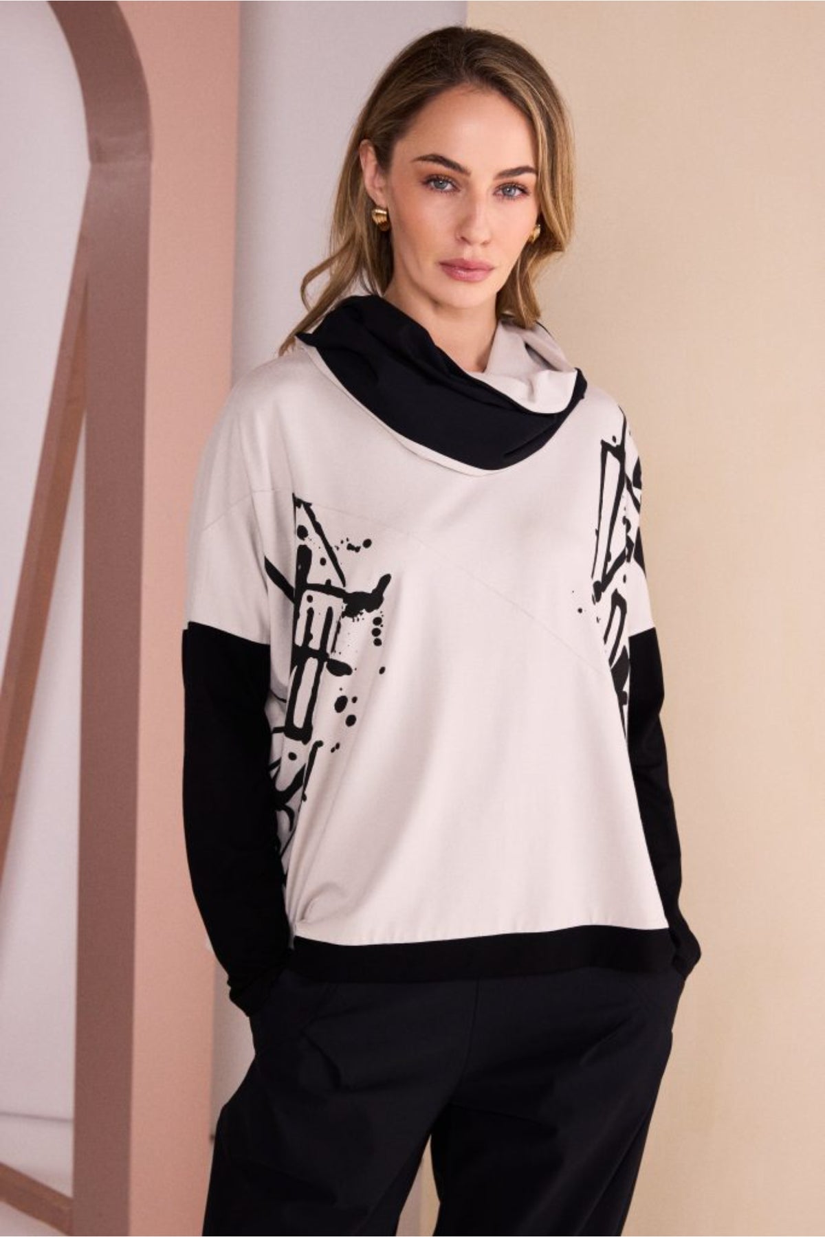 Naya NAW26140 Placement Print Top with Front Angle Seam Sand and Black Shop Naya at Dotique