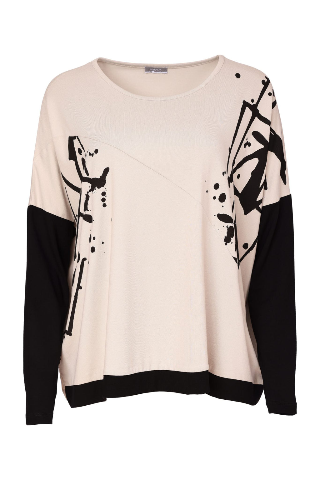Naya NAW26140 Placement Print Top with Front Angle Seam Sand and Black cream black abstract print top Shop Naya at Dotique