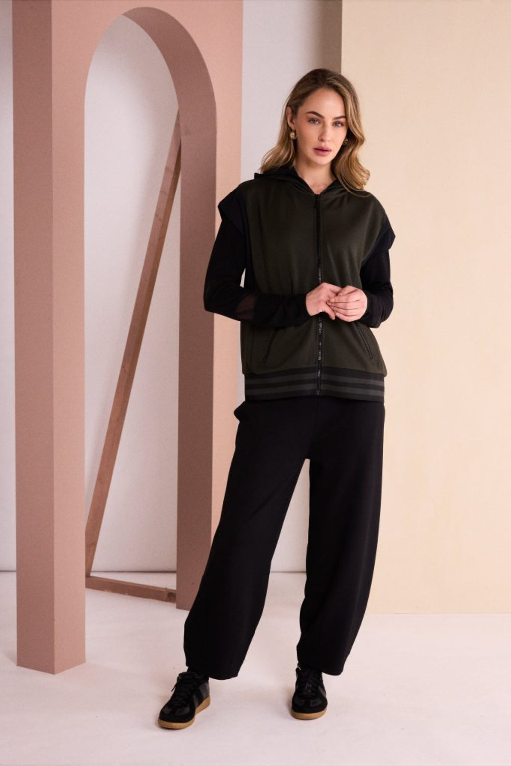 Model wearing Naya NAW26144 Balloon Shaped Trouser with Darts at Hem Black Shop Naya at Dotique