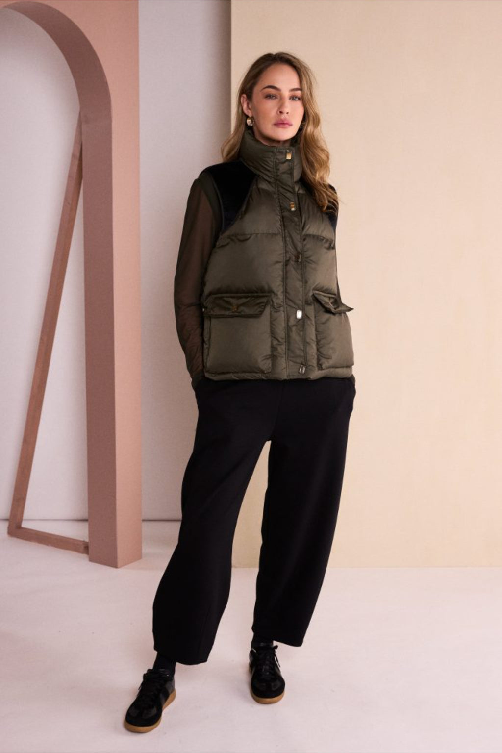 Naya NAW26144 Balloon Shaped Trouser with Darts at Hem Black worn by a model Shop Naya at Dotique