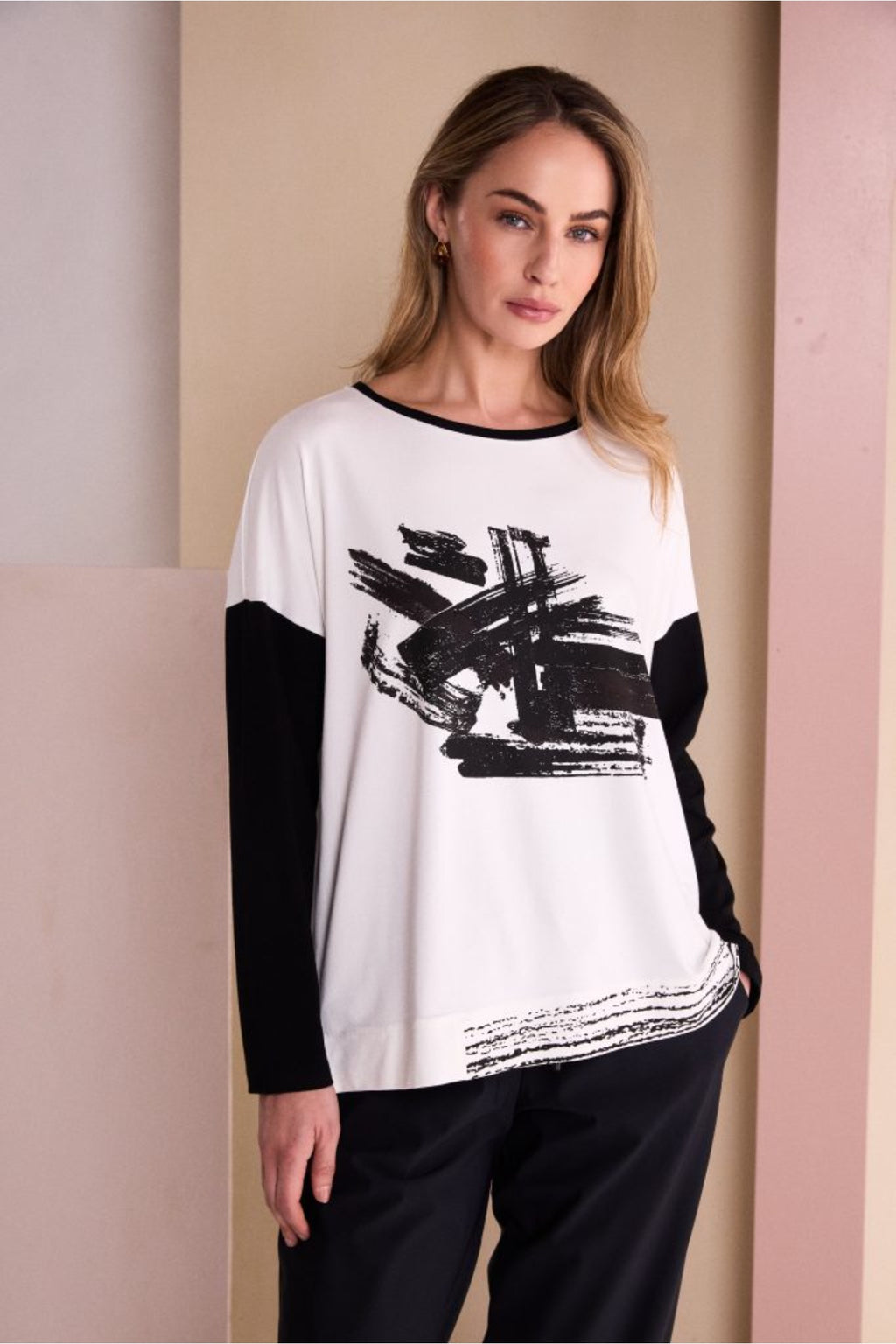 Naya NAW26147 Placement Print Round Neck Top with Contrast Sleeve Black/Choko