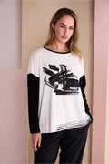 Naya NAW26147 Placement Print Round Neck Top with Contrast Sleeve Black/Choko