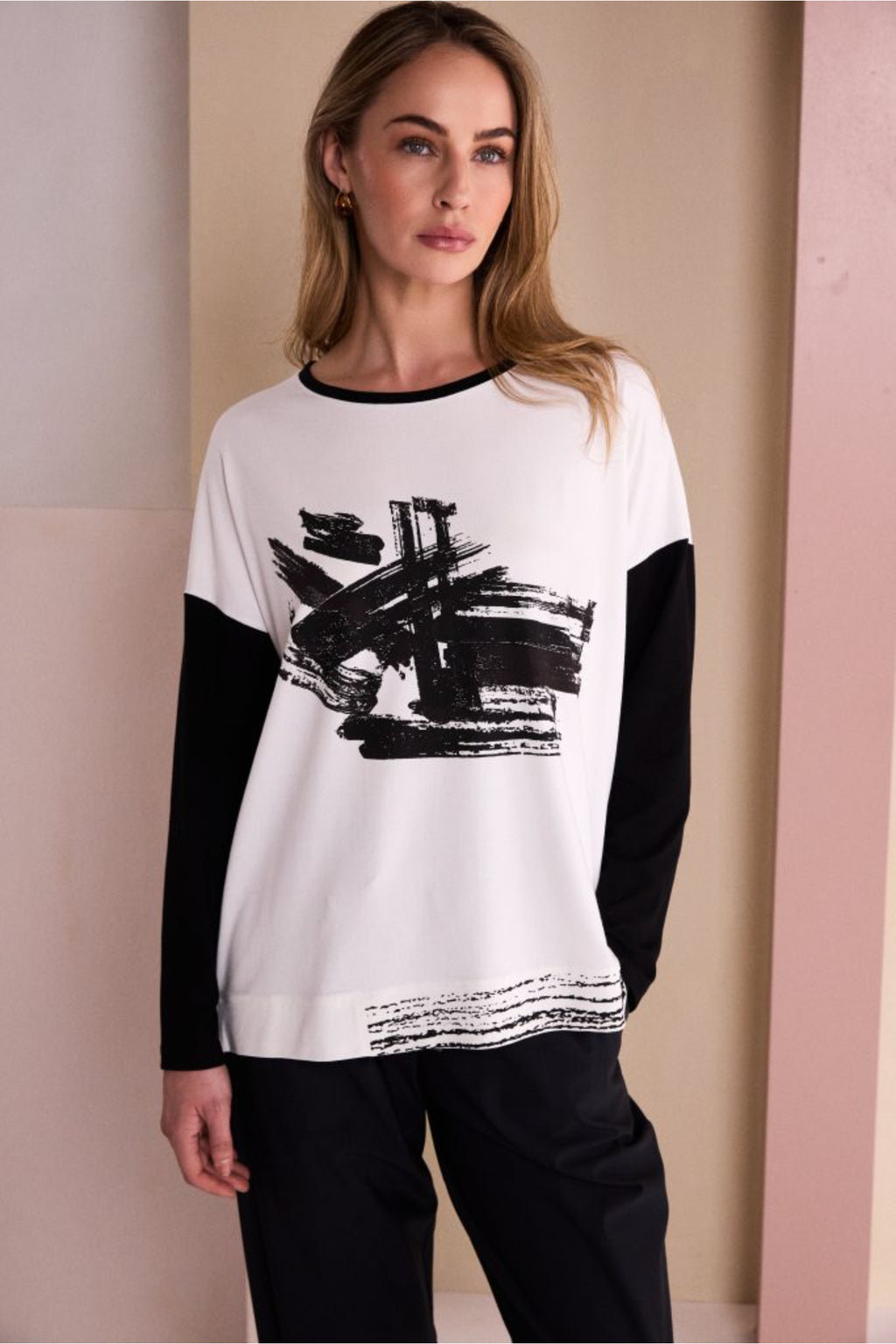 Naya NAW26147 Placement Print Round Neck Top with Contrast Sleeve Black/Choko