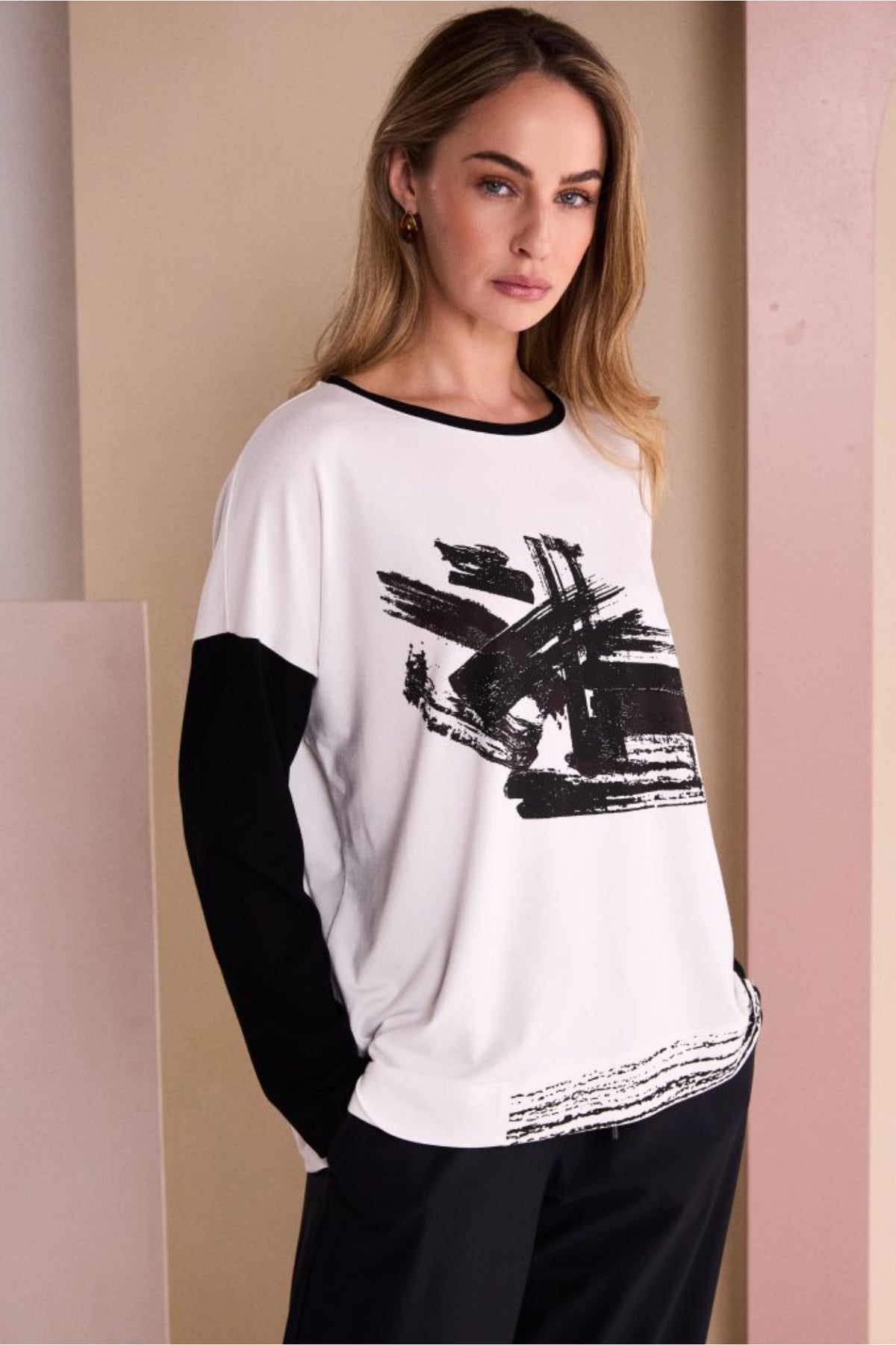 Naya NAW26147 Placement Print Round Neck Top with Contrast Sleeve Black/Choko