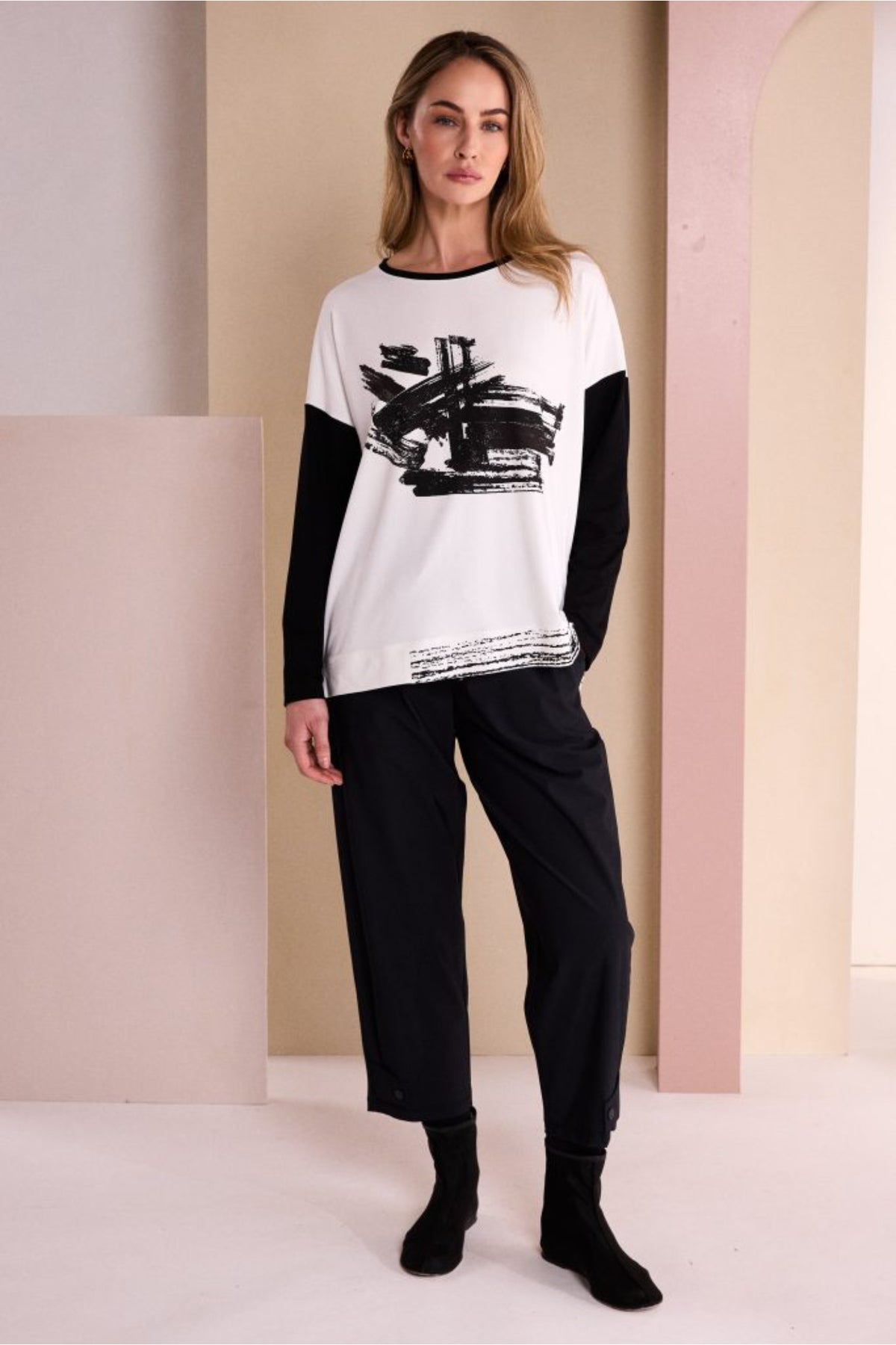 Naya NAW26147 Placement Print Round Neck Top with Contrast Sleeve Black/Choko