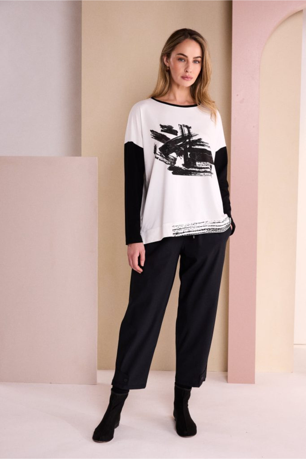 Naya NAW26147 Placement Print Round Neck Top with Contrast Sleeve Black/Choko