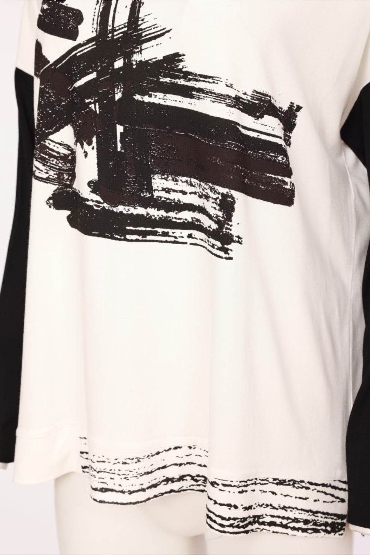 Naya NAW26147 Placement Print Round Neck Top with Contrast Sleeve Black/Choko