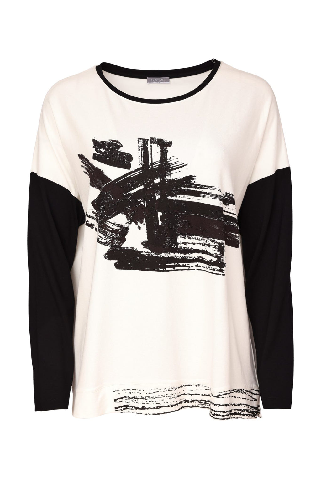 Naya NAW26147 Placement Print Round Neck Top with Contrast Sleeve Black/Choko
