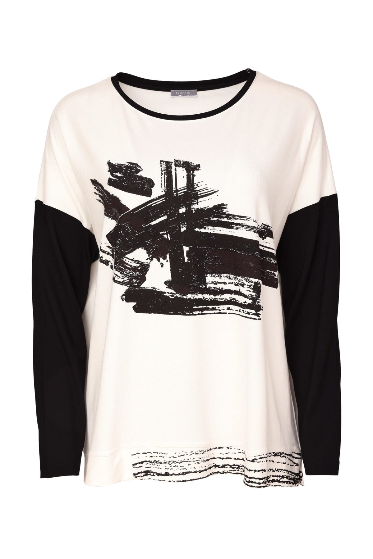 Naya NAW26147 Placement Print Round Neck Top with Contrast Sleeve Black/Choko
